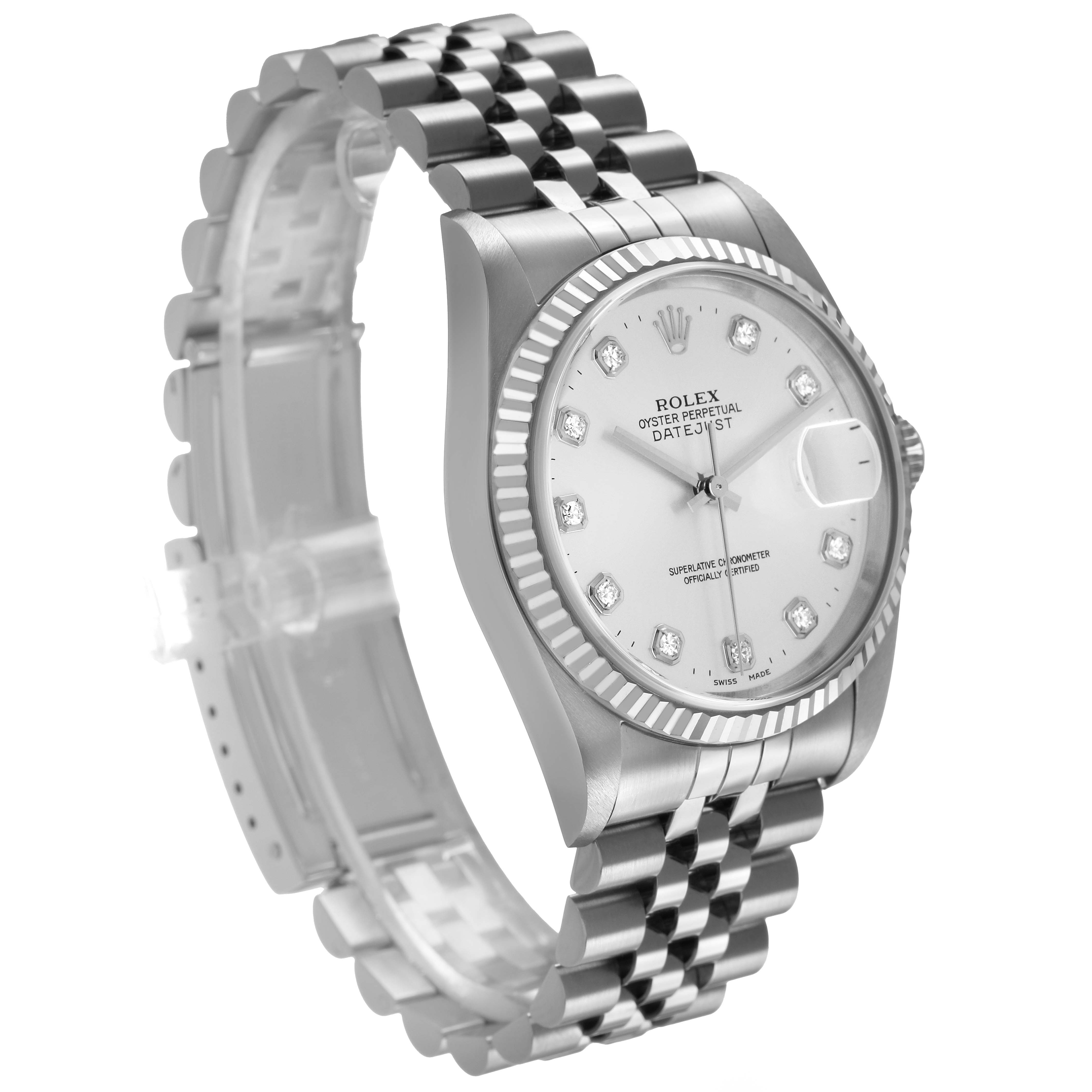 The Rolex Datejust 16234 Men's Stainless Steel Silver Dial watch is shown at a three-quarter angle, highlighting the face, bezel, and bracelet.