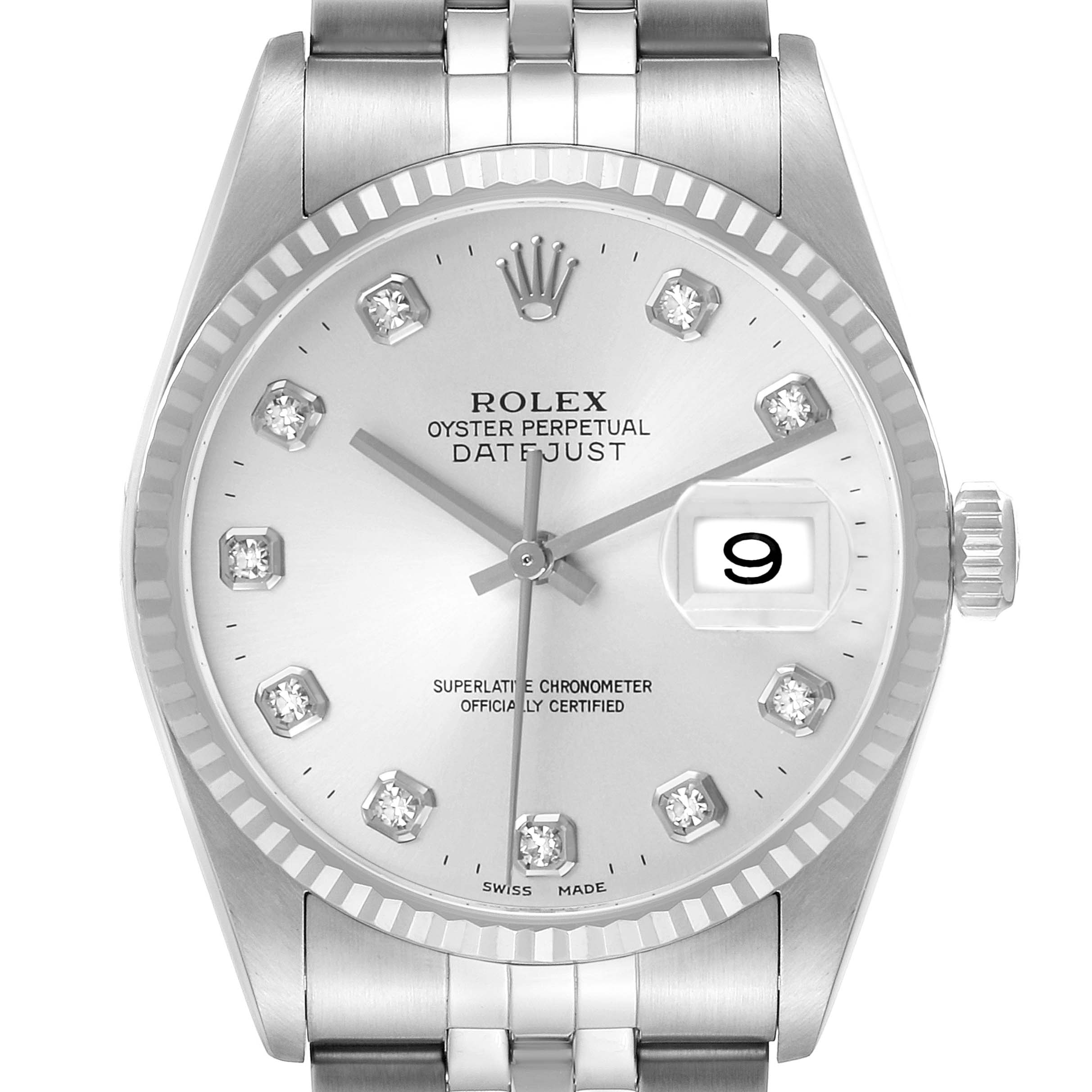 The image shows a Rolex Datejust 16234 Men's Stainless Steel Silver Dial watch from a front angle, highlighting the dial, hands, hour markers, and date window.