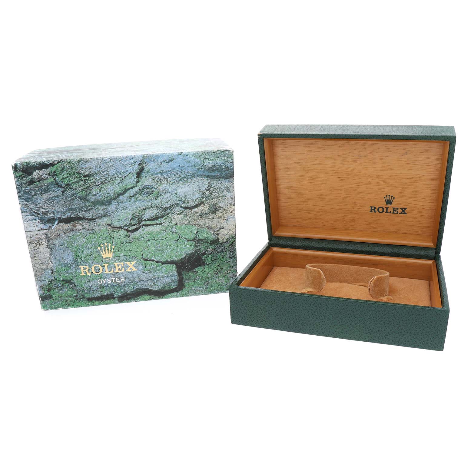 The image shows a Rolex Datejust 16234 Men's Stainless Steel Silver Dial watch box, featuring an open green box with wooden interior and a matching outer cover.