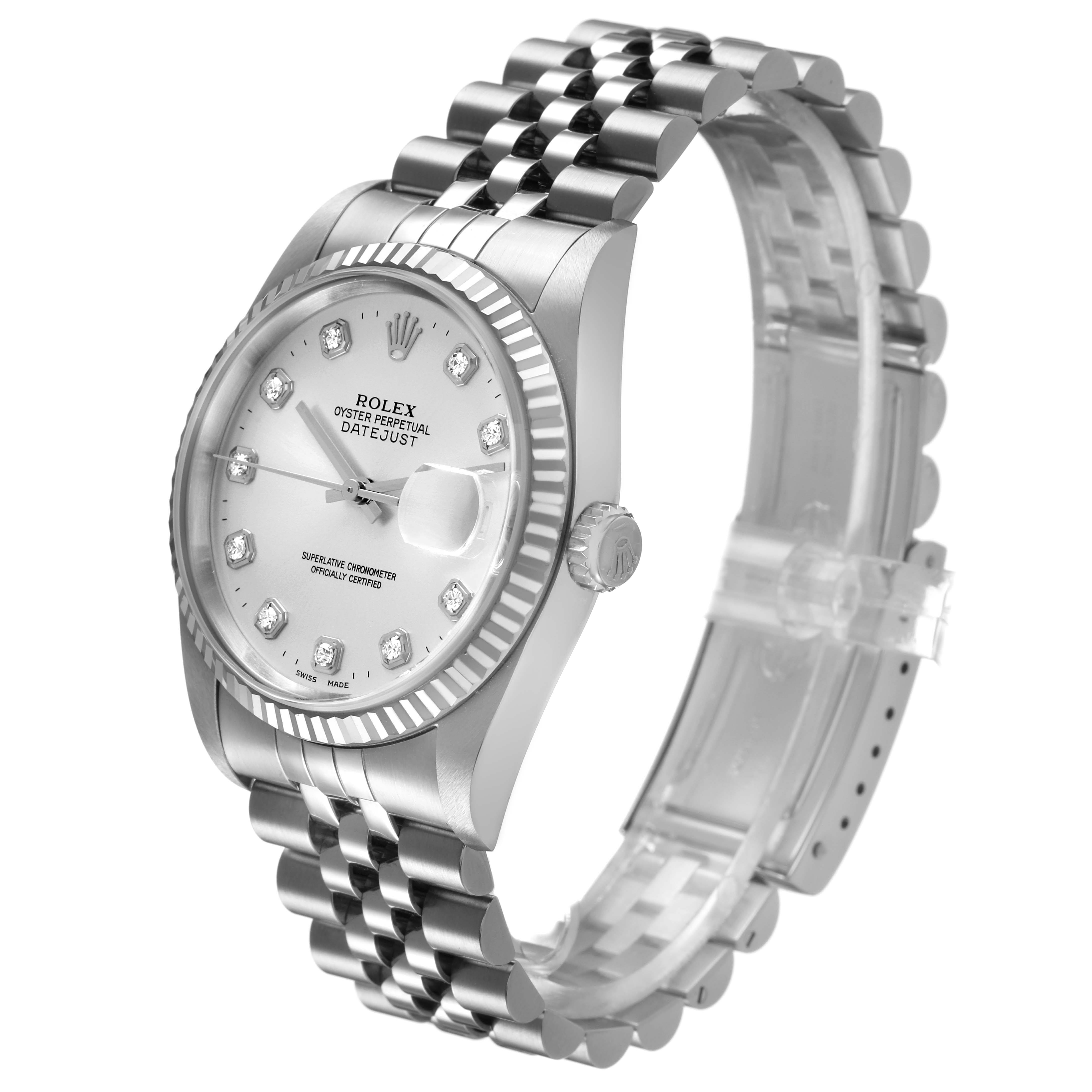 The Rolex Datejust 16234 Men's Stainless Steel Silver Dial watch is shown at a 3/4 angle, displaying the face, crown, bezel, and jubilee bracelet.