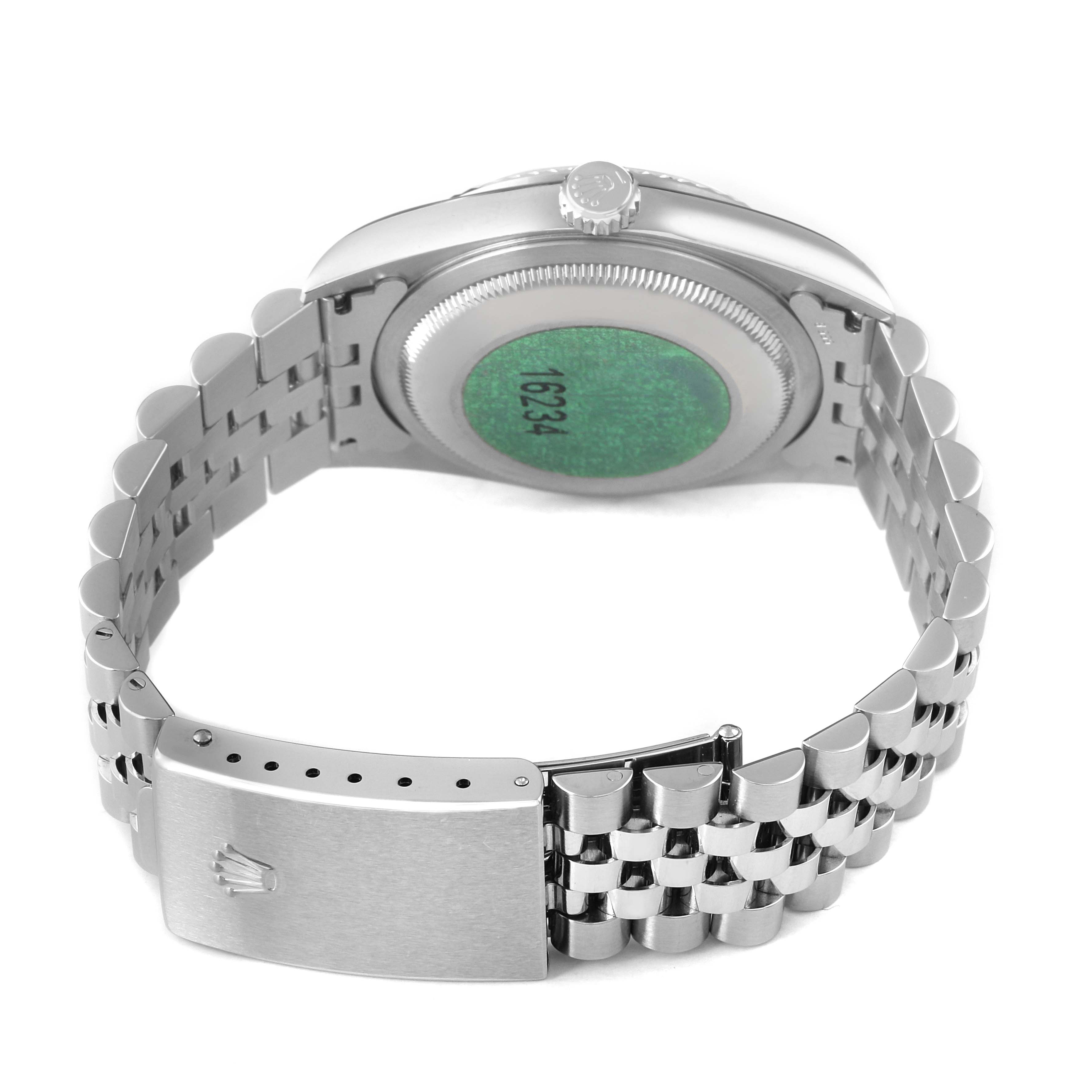 The image shows the back view of a Rolex Datejust 16234 Men's Stainless Steel Silver Dial watch, highlighting the clasp and bracelet.