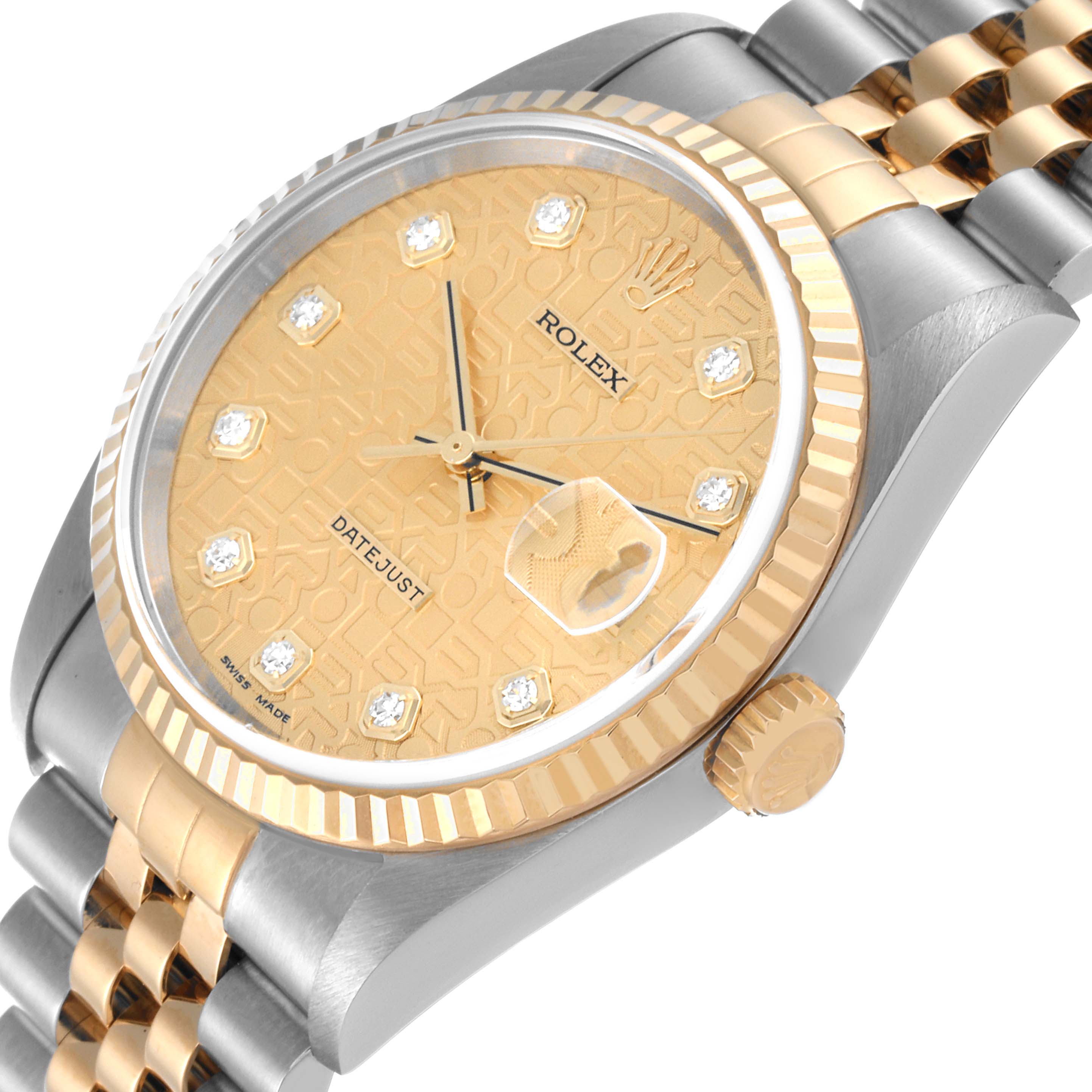 The image shows a Rolex Datejust 16233 Men's Steel and Gold (two tone) Champagne Dial 16233 Men's Steel and Gold (two tone) Champagne Dial watch at a slight angle, highlighting its gold dial, fluted bezel, and two-tone bracelet.