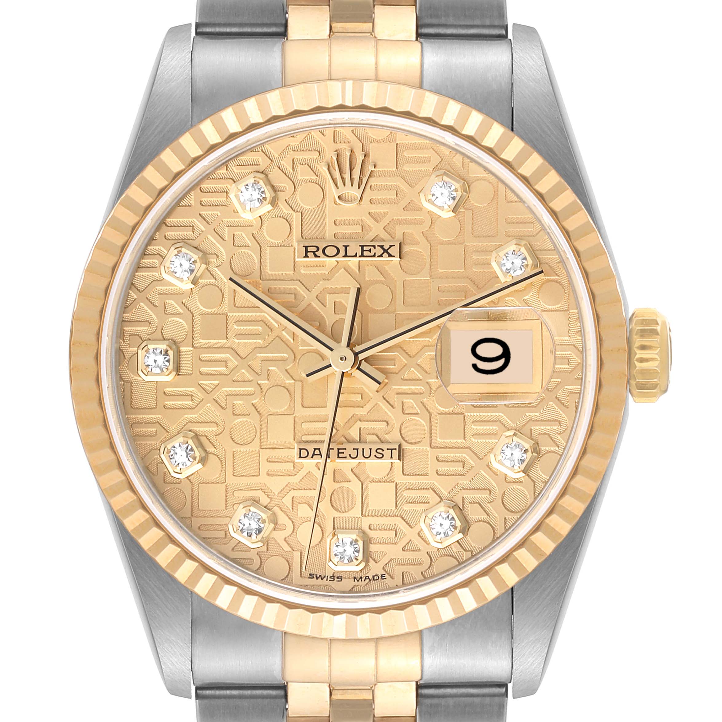 This image shows a frontal view of a Rolex Datejust 16233 Men's Steel and Gold (two tone) Champagne Dial 16233 Men's Steel and Gold (two tone) Champagne Dial watch featuring a gold patterned dial, diamond hour markers, and a two-tone metal bracelet.