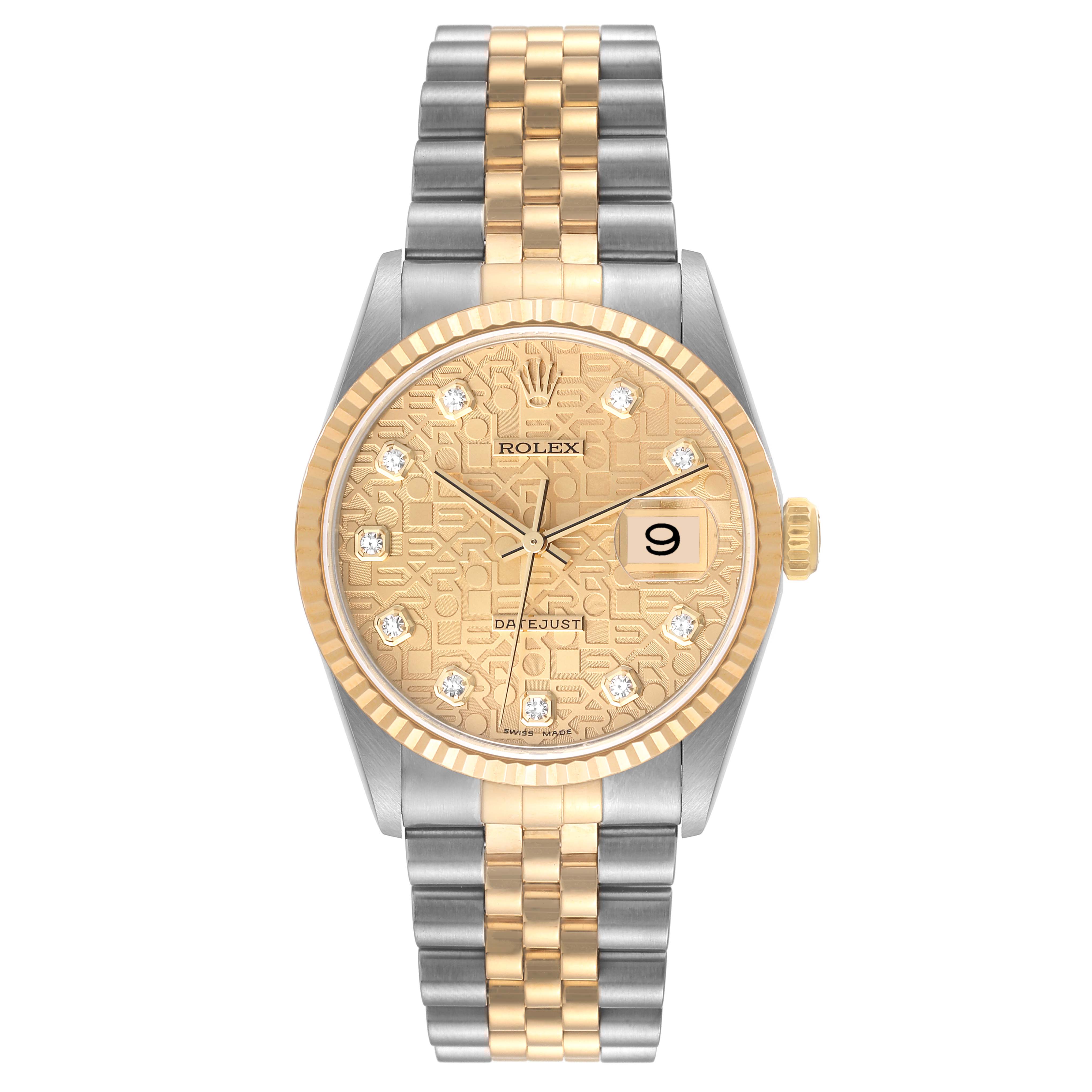 This image shows a Rolex Datejust 16233 Men's Steel and Gold (two tone) Champagne Dial 16233 Men's Steel and Gold (two tone) Champagne Dial watch with a gold dial, diamond hour markers, a date window, and a two-tone metal bracelet.