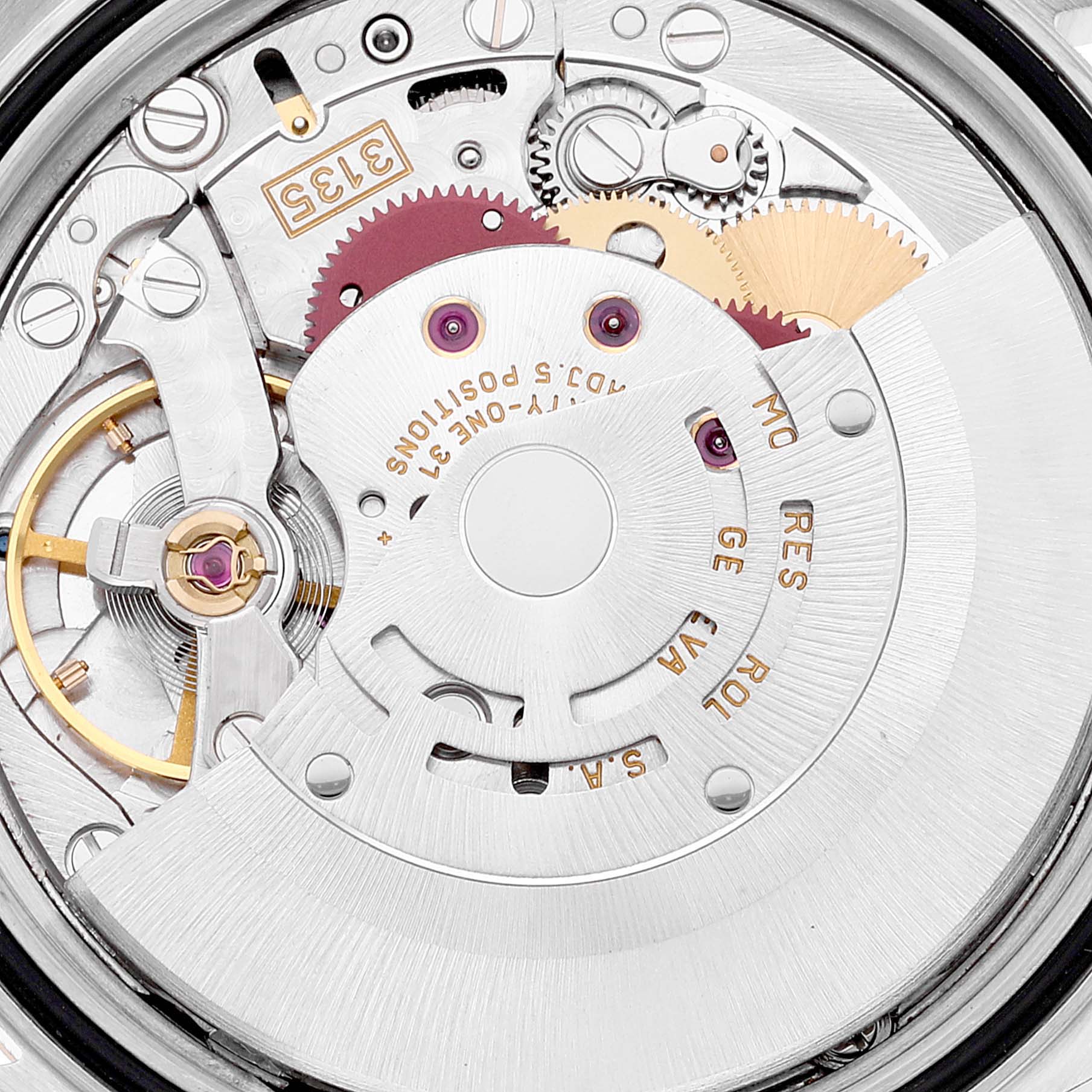 This is a close-up shot showing the movement and intricate internal components of the Rolex Datejust 16233 Men's Steel and Gold (two tone) Champagne Dial 16233 Men's Steel and Gold (two tone) Champagne Dial watch.