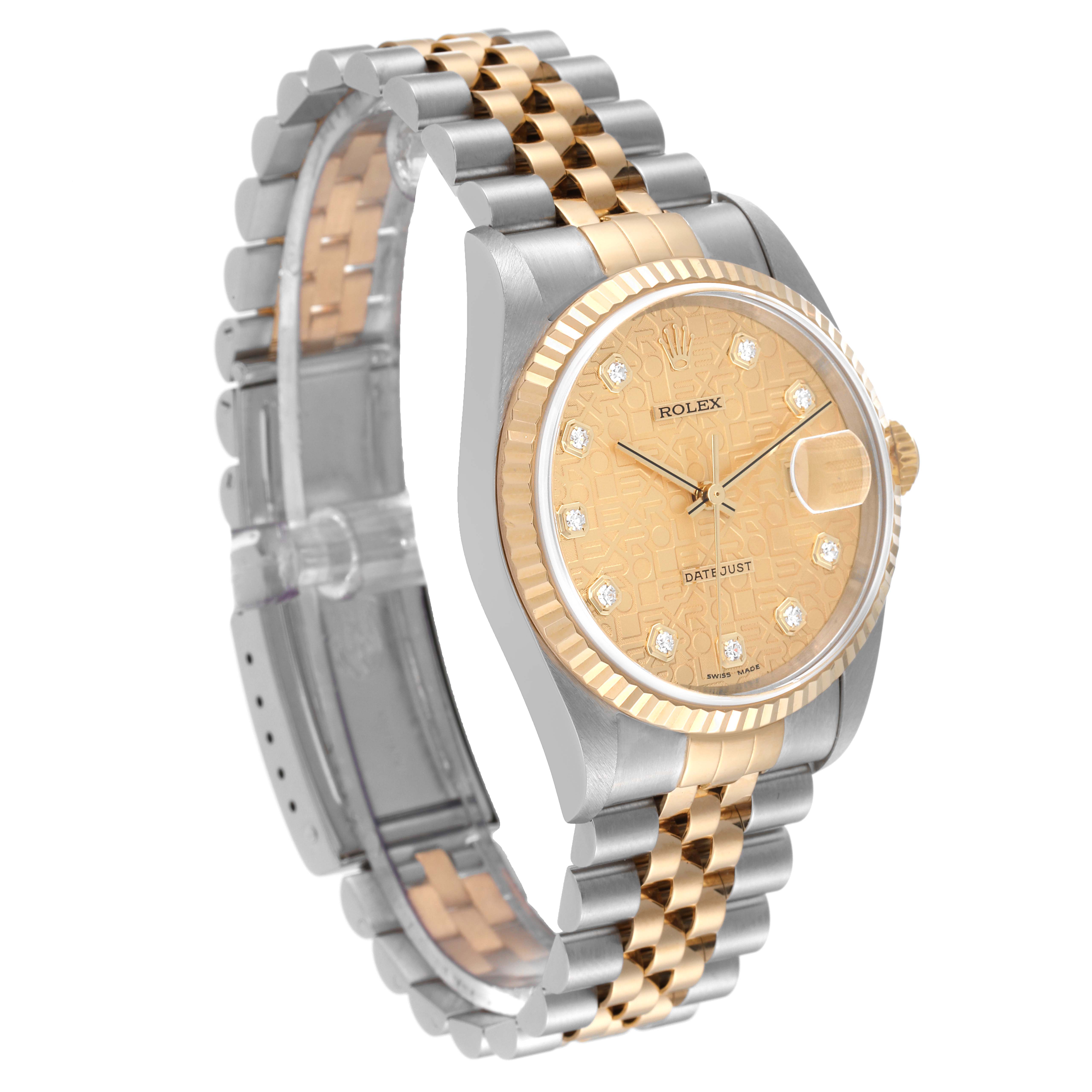The image shows a Rolex Datejust 16233 Men's Steel and Gold (two tone) Champagne Dial 16233 Men's Steel and Gold (two tone) Champagne Dial watch angled slightly to the left, highlighting the face, crown, and bracelet.
