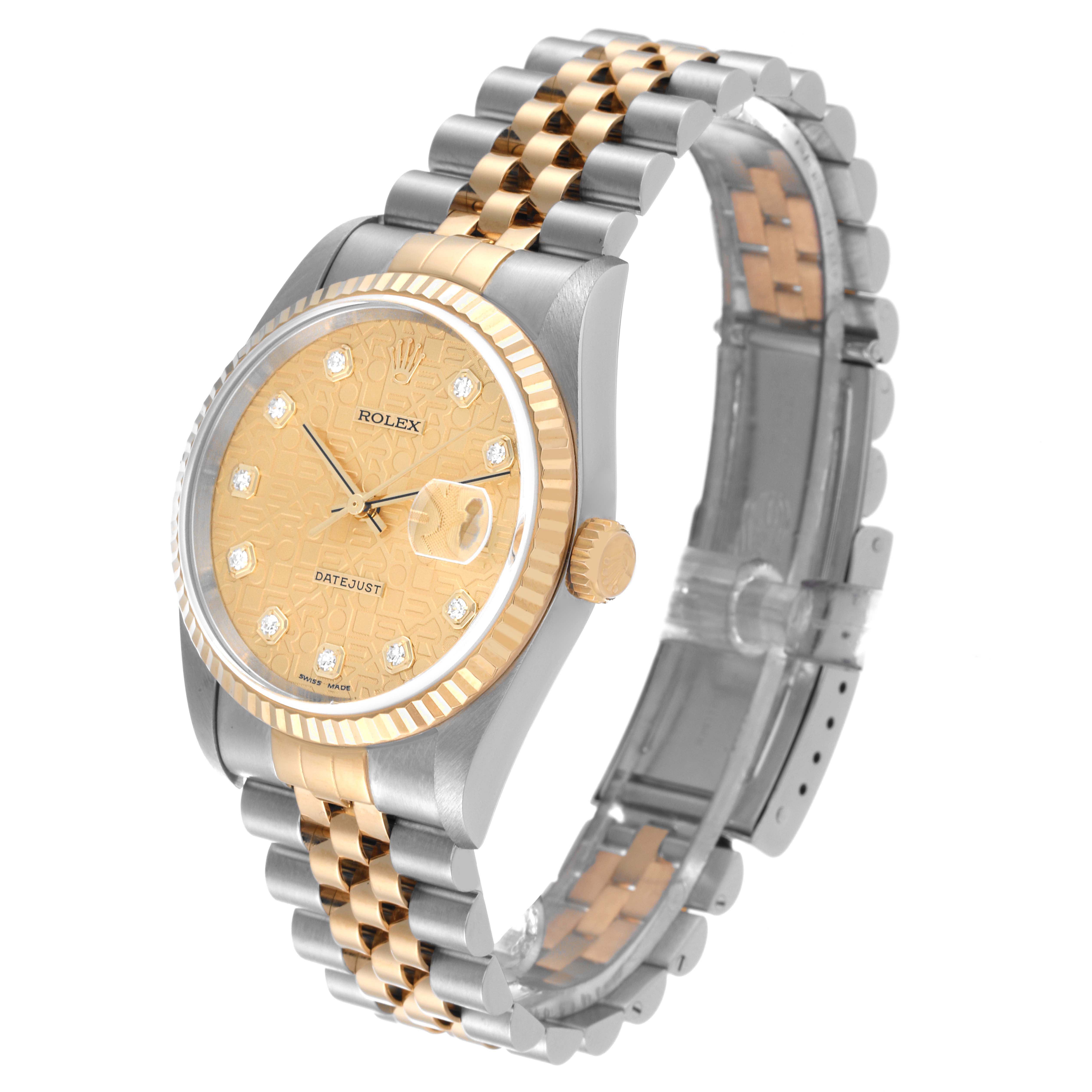 The Rolex Datejust 16233 Men's Steel and Gold (two tone) Champagne Dial 16233 Men's Steel and Gold (two tone) Champagne Dial watch is shown at a three-quarter angle, highlighting its dial, bezel, and bracelet.