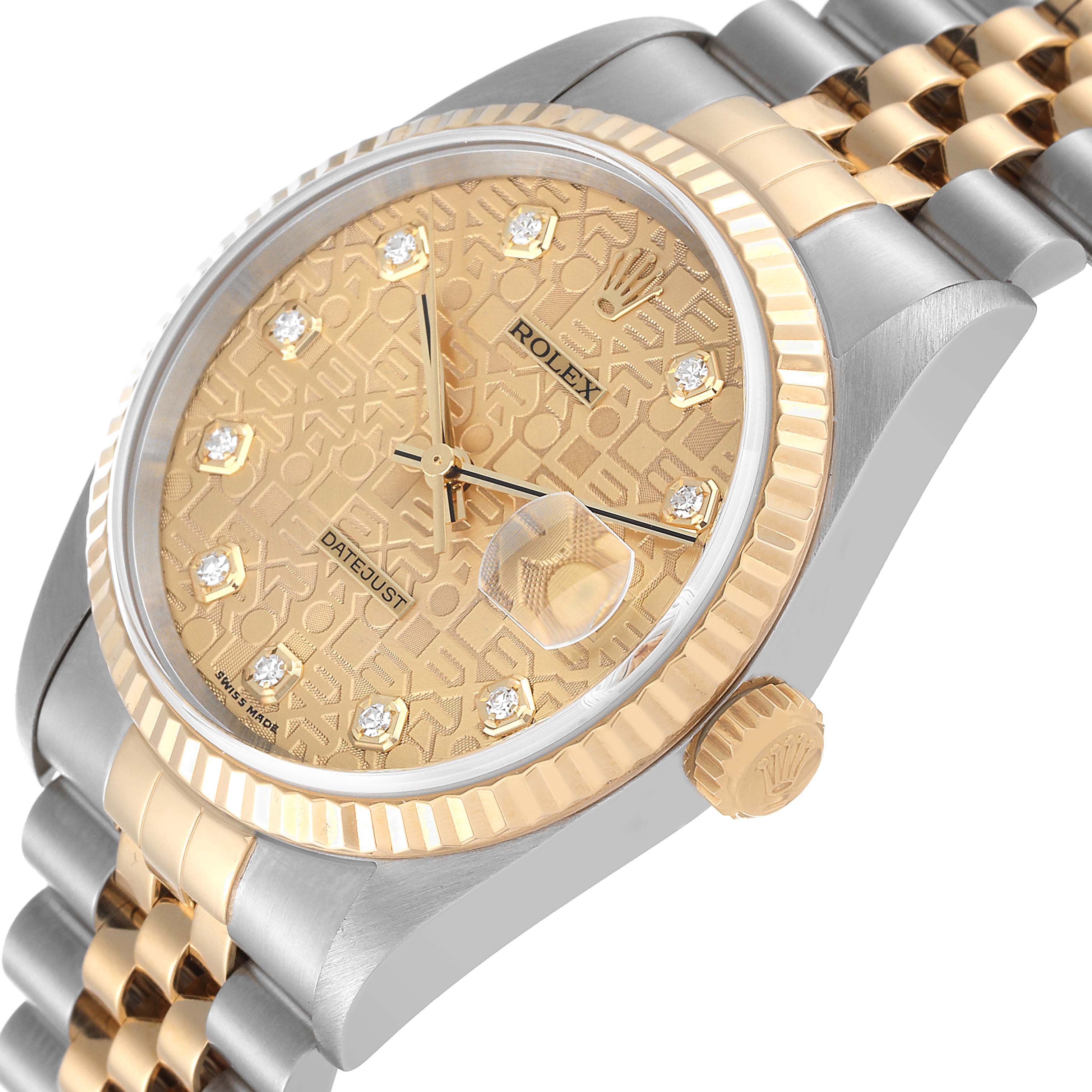 The Rolex Datejust 16233 Men's Steel and Gold (two tone) Champagne Dial 16233 Men's Steel and Gold (two tone) Champagne Dial watch is shown at an angled side view, highlighting the gold dial, fluted bezel, jubilee bracelet, and crown.