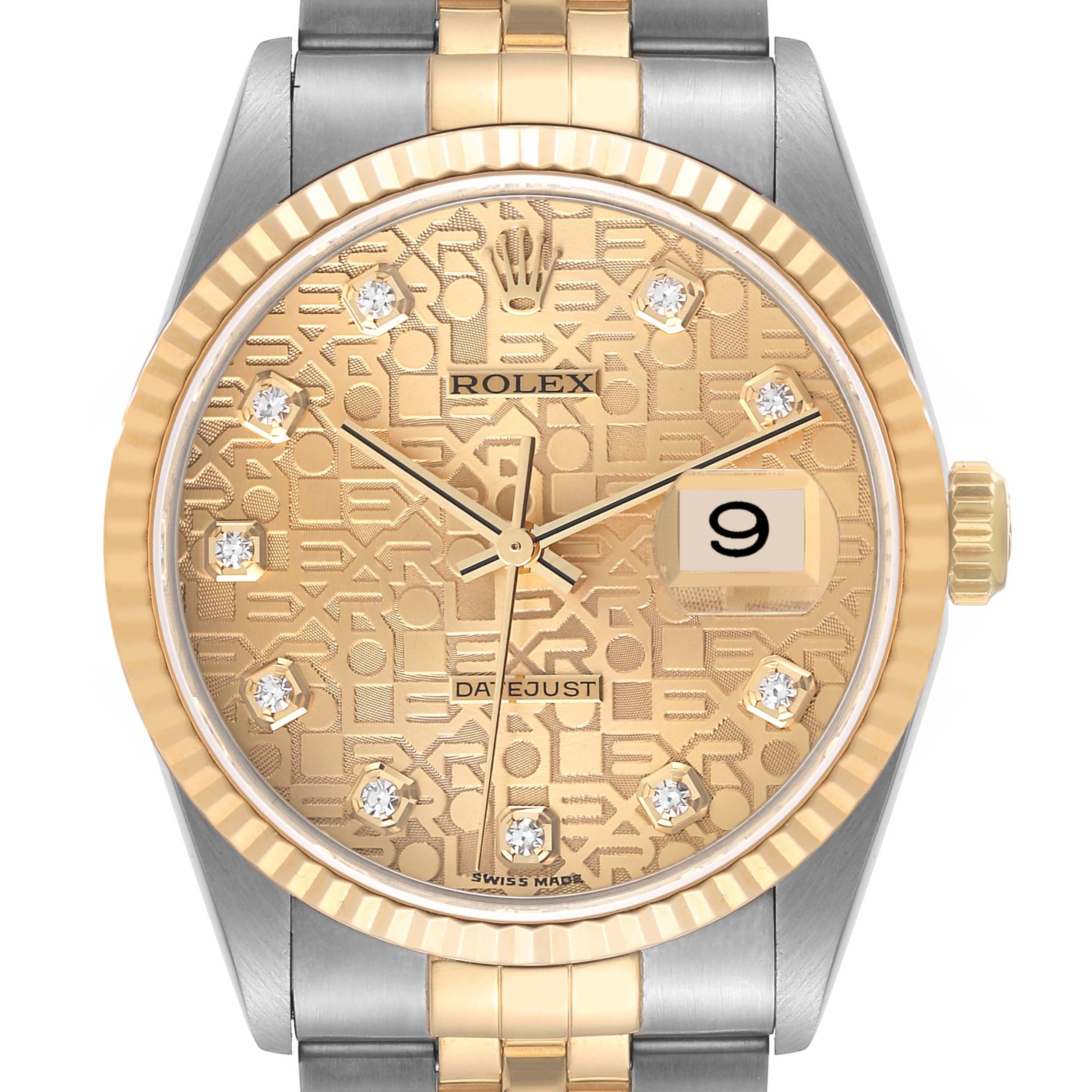 The image shows a front view of the Rolex Datejust 16233 Men's Steel and Gold (two tone) Champagne Dial 16233 Men's Steel and Gold (two tone) Champagne Dial watch displaying its gold dial, date window, and two-tone bracelet.