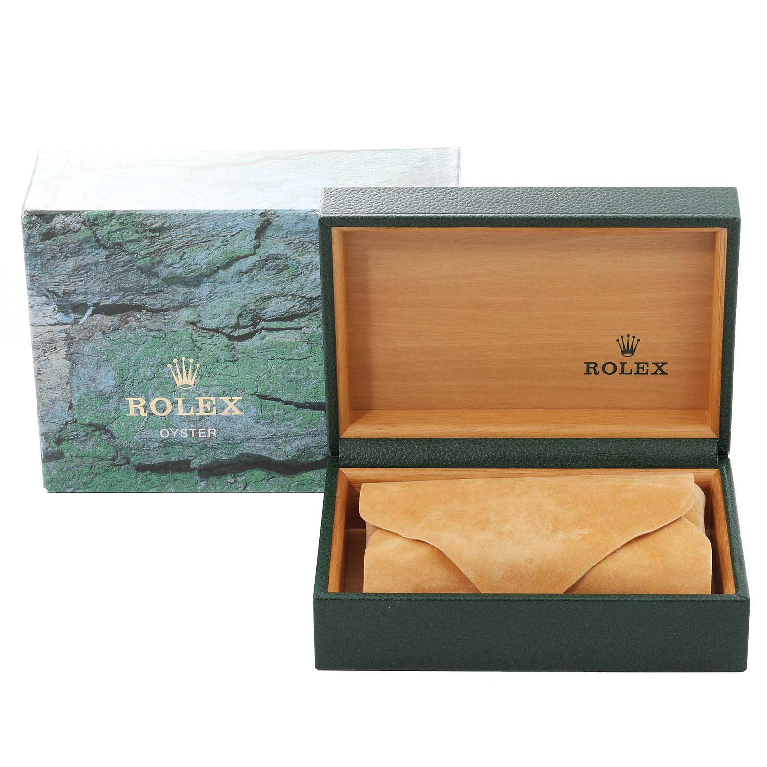 The image shows an open Rolex Datejust 16233 Men's Steel and Gold (two tone) Champagne Dial 16233 Men's Steel and Gold (two tone) Champagne Dial box, revealing the interior and a beige protective pouch inside.