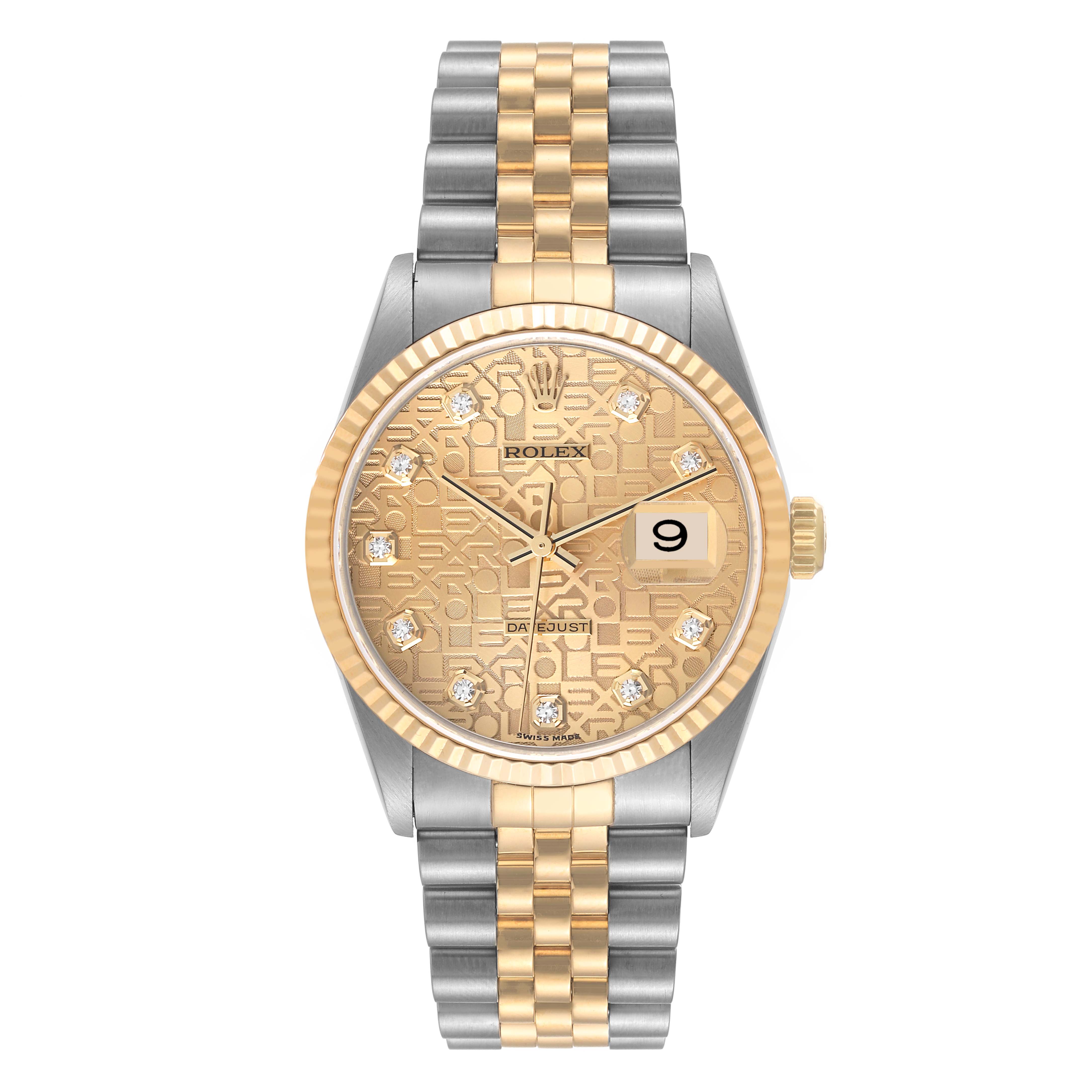 This image shows a Rolex Datejust 16233 Men's Steel and Gold (two tone) Champagne Dial 16233 Men's Steel and Gold (two tone) Champagne Dial watch from a front angle displaying its dial, bezel, and two-tone bracelet.