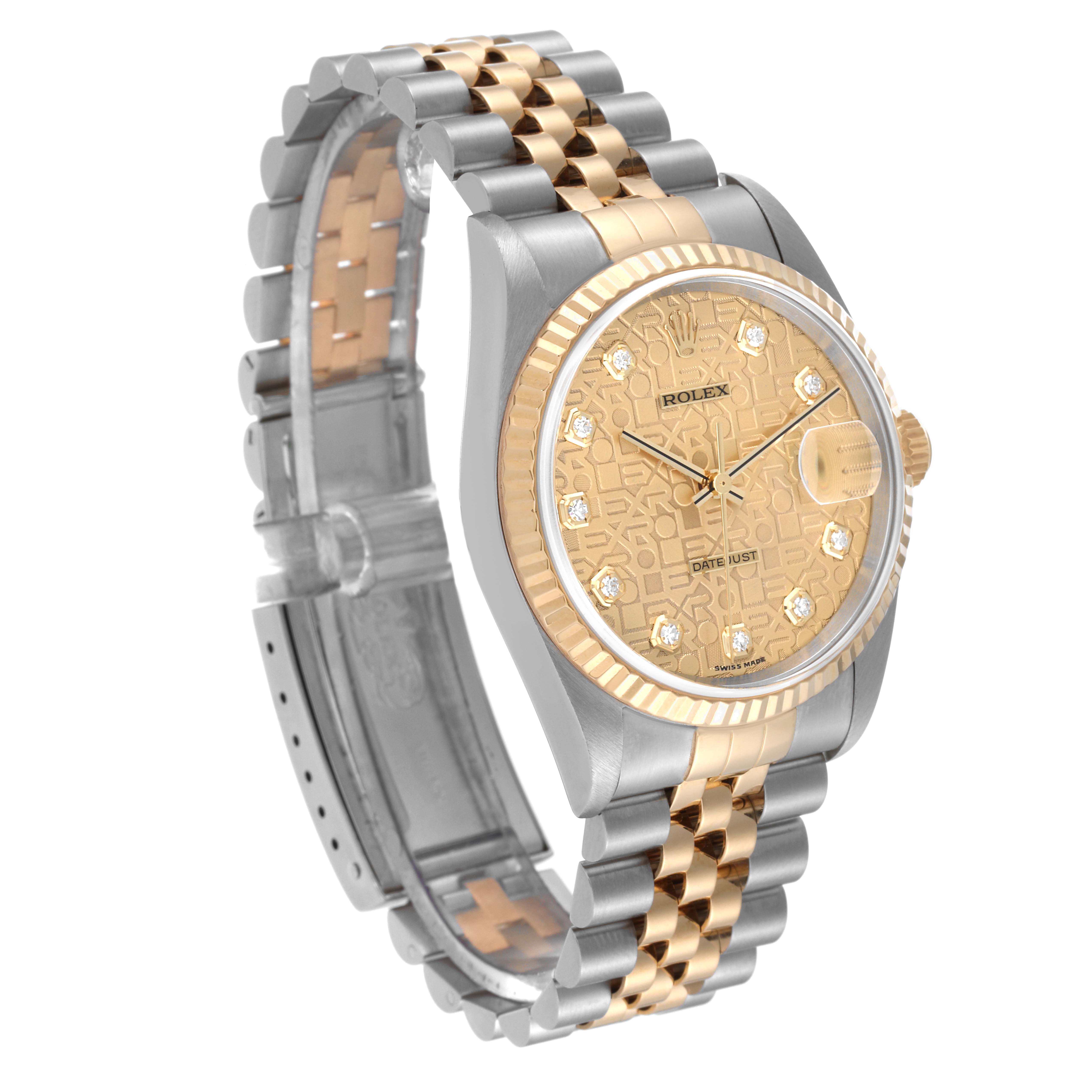 This Rolex Datejust 16233 Men's Steel and Gold (two tone) Champagne Dial 16233 Men's Steel and Gold (two tone) Champagne Dial watch is shown at a three-quarter angle, highlighting the face, fluted bezel, and two-tone jubilee bracelet.