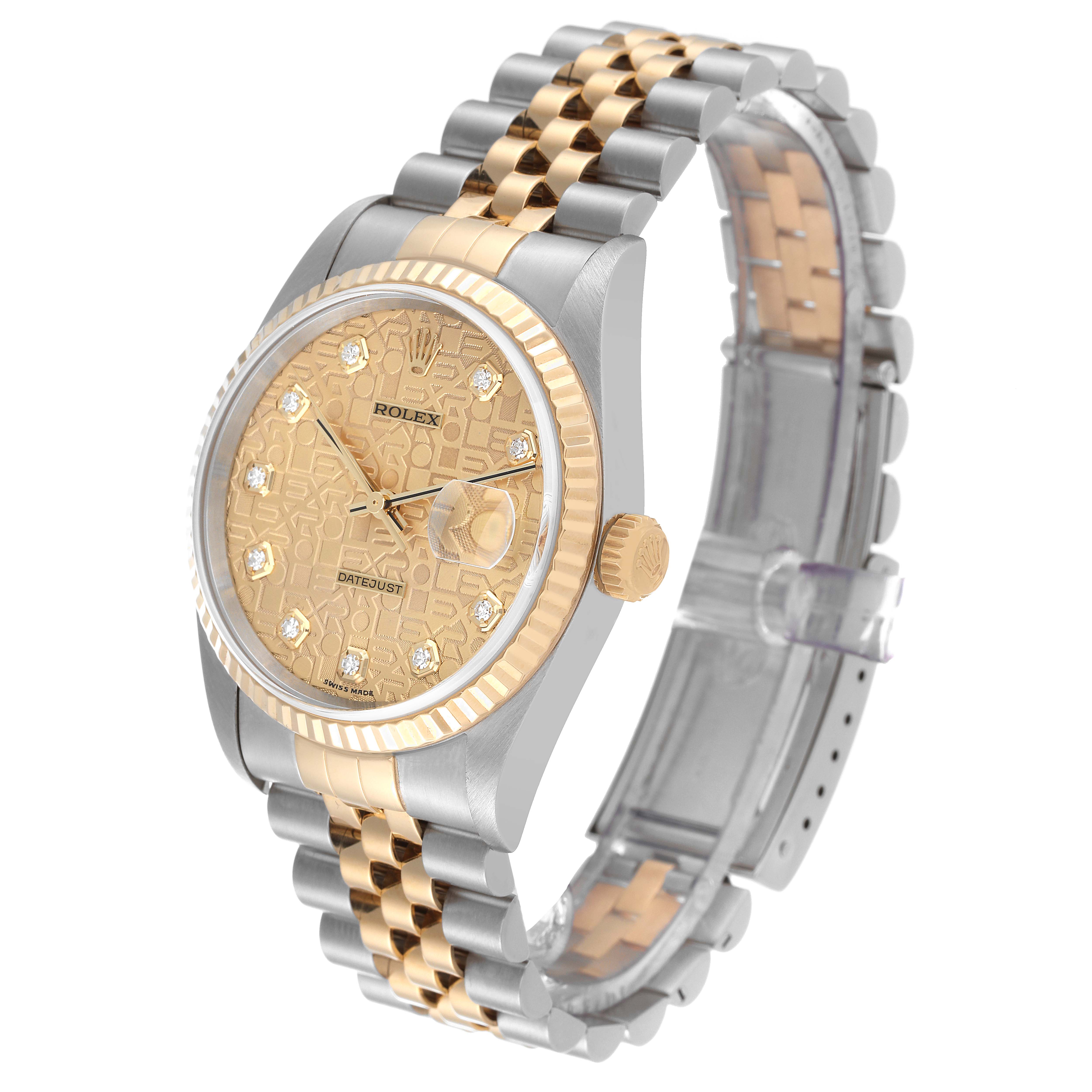 This image shows a Rolex Datejust 16233 Men's Steel and Gold (two tone) Champagne Dial 16233 Men's Steel and Gold (two tone) Champagne Dial watch at a three-quarter angle, highlighting the dial, bezel, and bracelet.