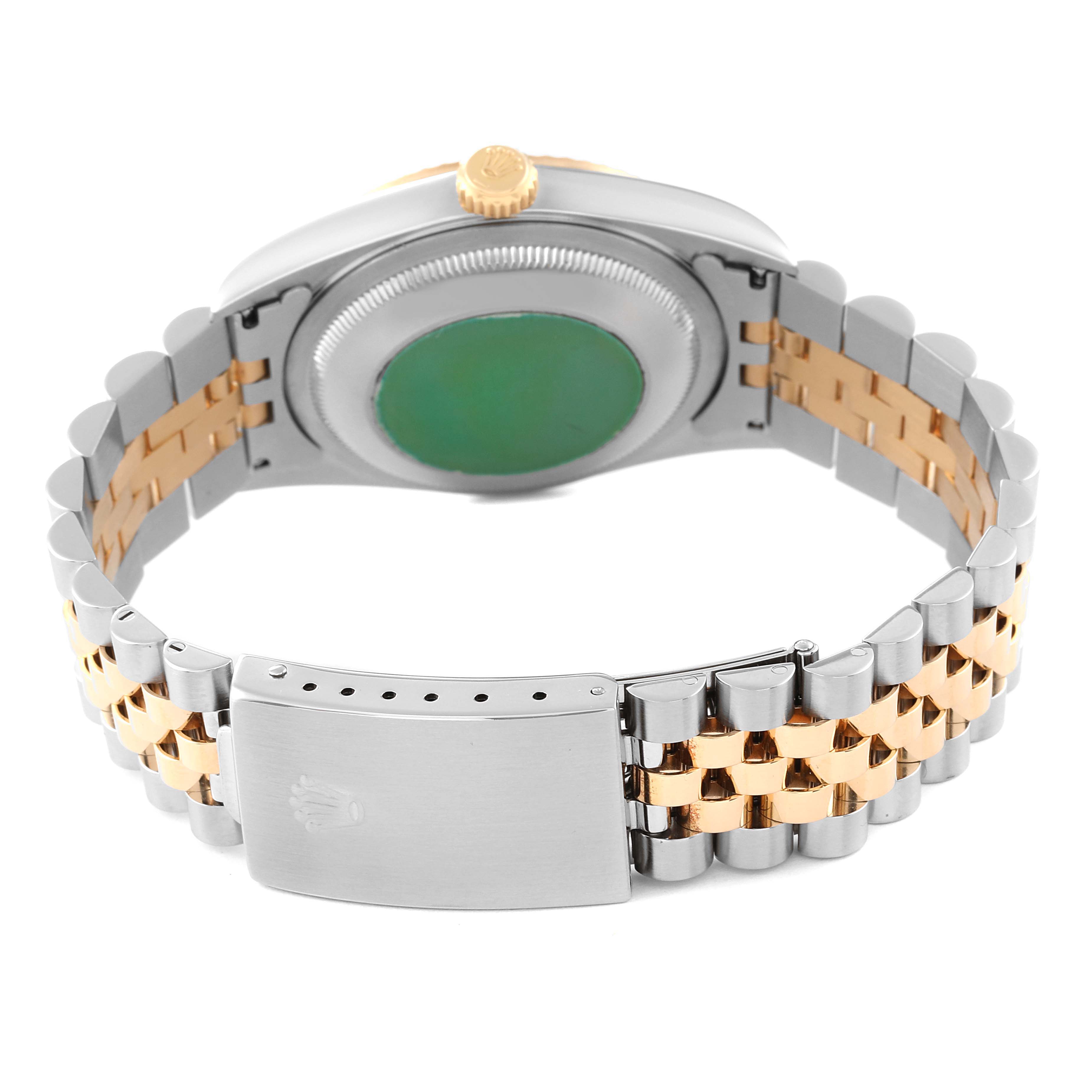 The image shows the back view of a Rolex Datejust 16233 Men's Steel and Gold (two tone) Champagne Dial 16233 Men's Steel and Gold (two tone) Champagne Dial watch, highlighting the case back, crown, and the two-tone bracelet with clasp.