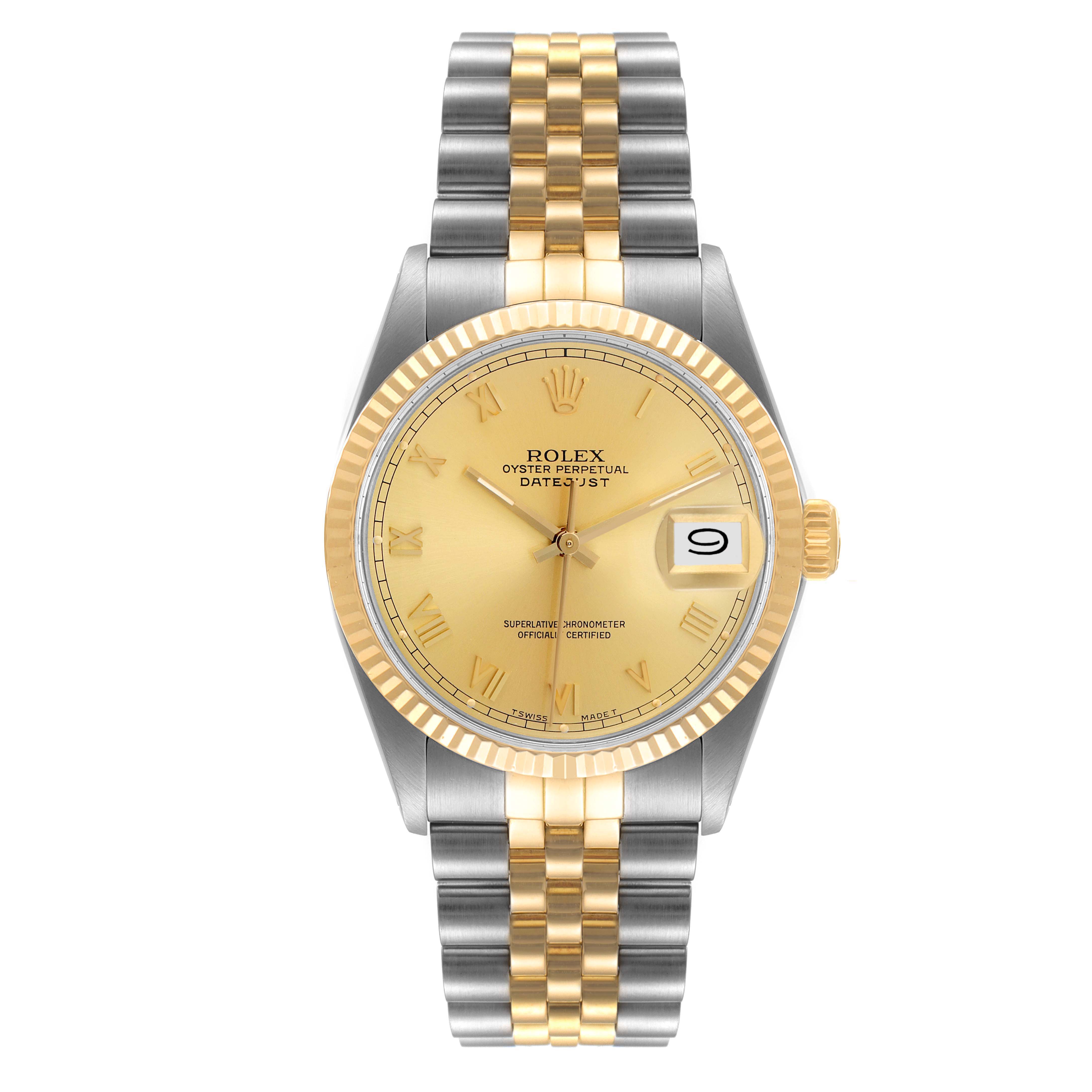 The image shows a front view of the Rolex Vintage Collection 16013 Men's Steel and Gold (two tone) Champagne Dial 16013 Men's Steel and Gold (two tone) Champagne Dial model, featuring a gold and silver band and a gold dial with a date window.
