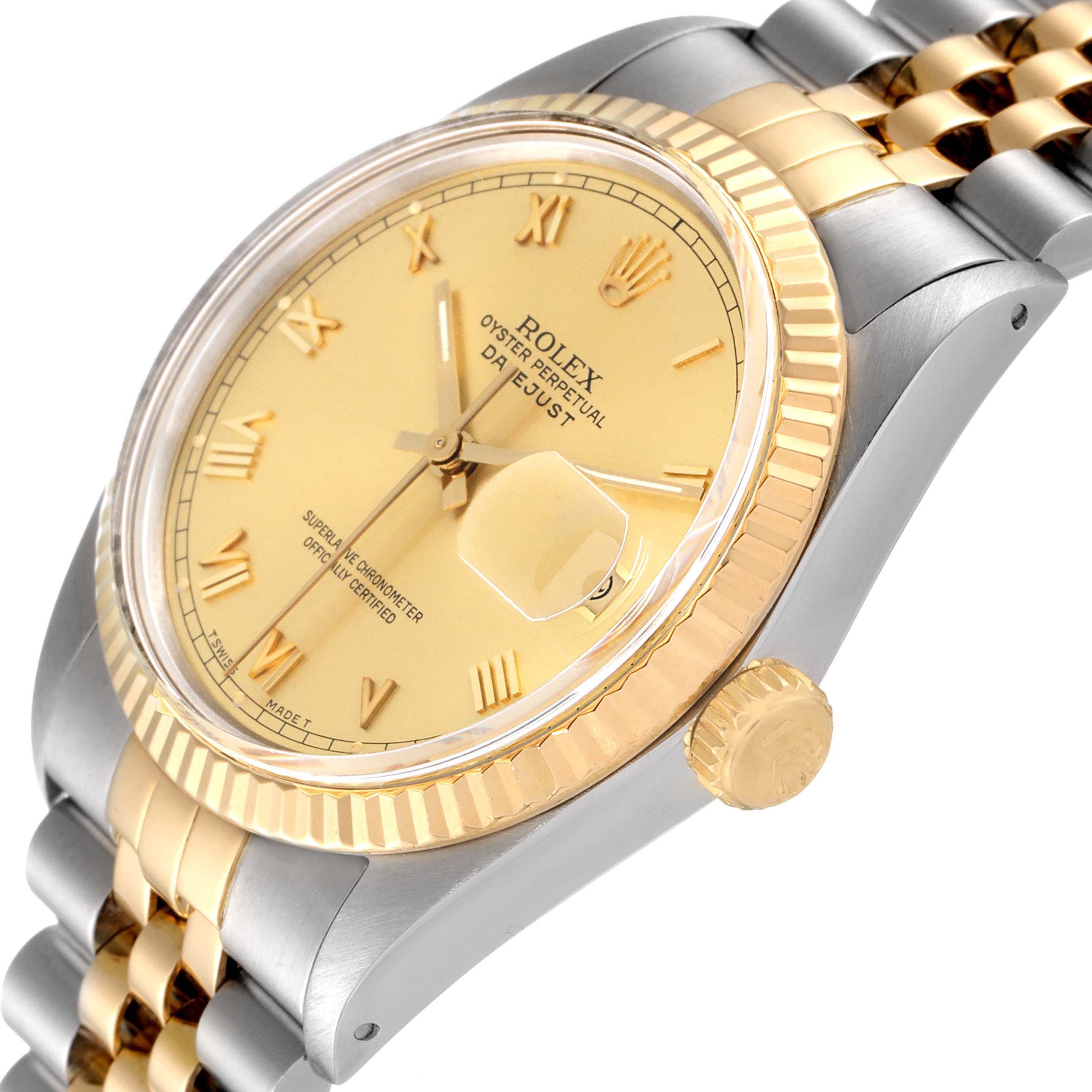 The image shows a side angle of the Rolex Vintage Collection 16013 Men's Steel and Gold (two tone) Champagne Dial 16013 Men's Steel and Gold (two tone) Champagne Dial watch, highlighting the face, crown, and two-tone bracelet.