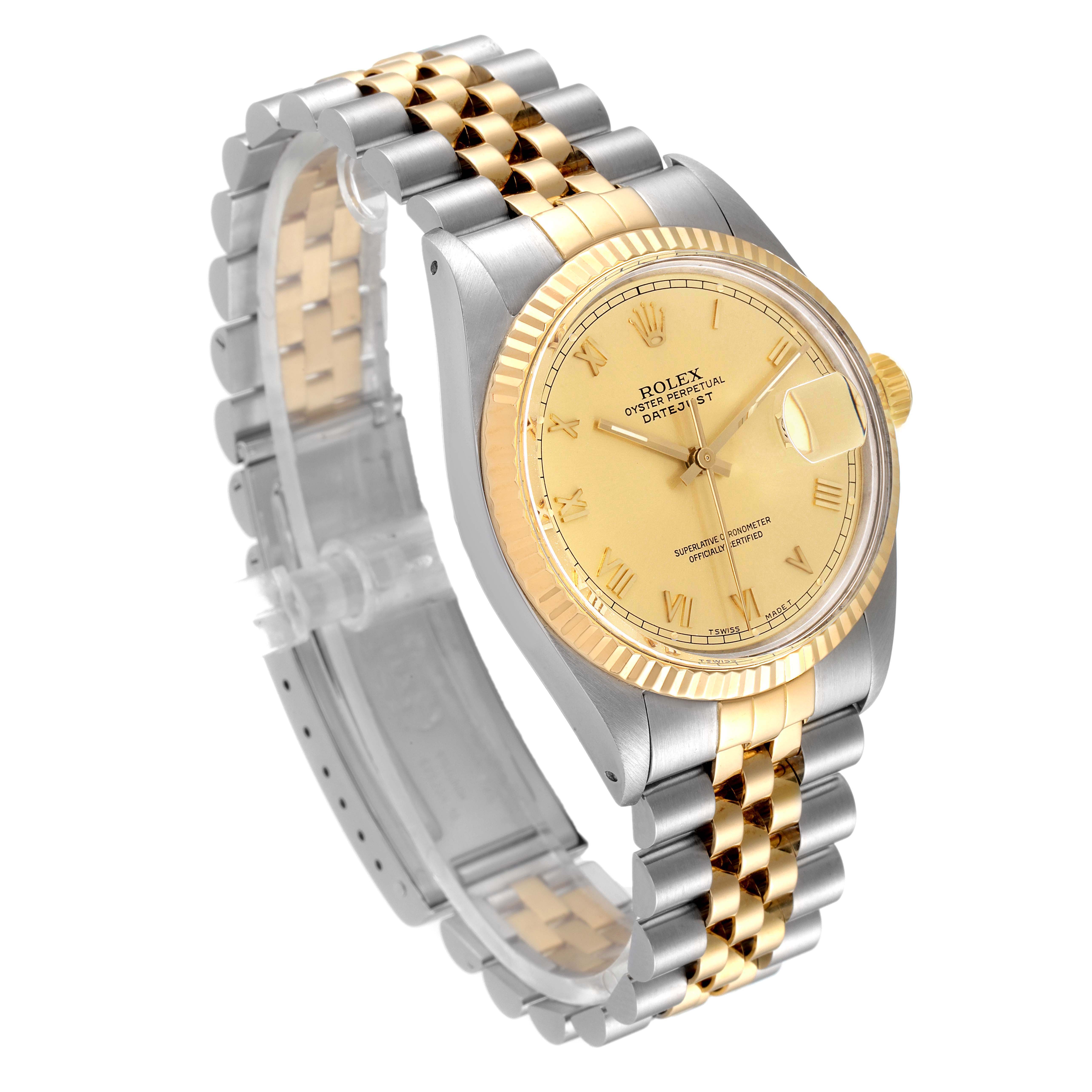 This Rolex Vintage Collection 16013 Men's Steel and Gold (two tone) Champagne Dial 16013 Men's Steel and Gold (two tone) Champagne Dial watch is shown from a front angle, highlighting the gold dial, bezel, and two-tone bracelet.