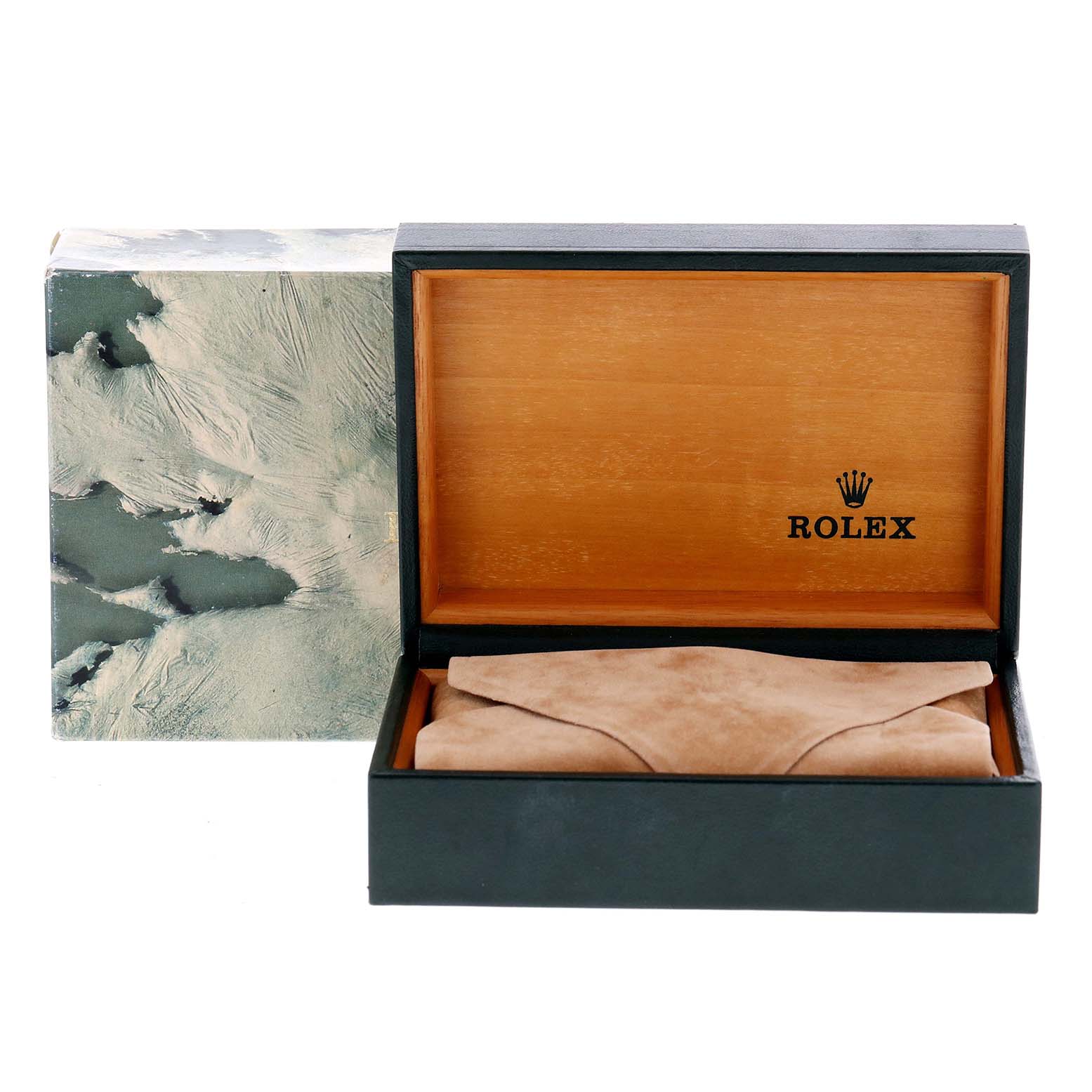 The image shows an open Rolex Vintage Collection 16013 Men's Steel and Gold (two tone) Champagne Dial 16013 Men's Steel and Gold (two tone) Champagne Dial watch box with a suede pouch inside.