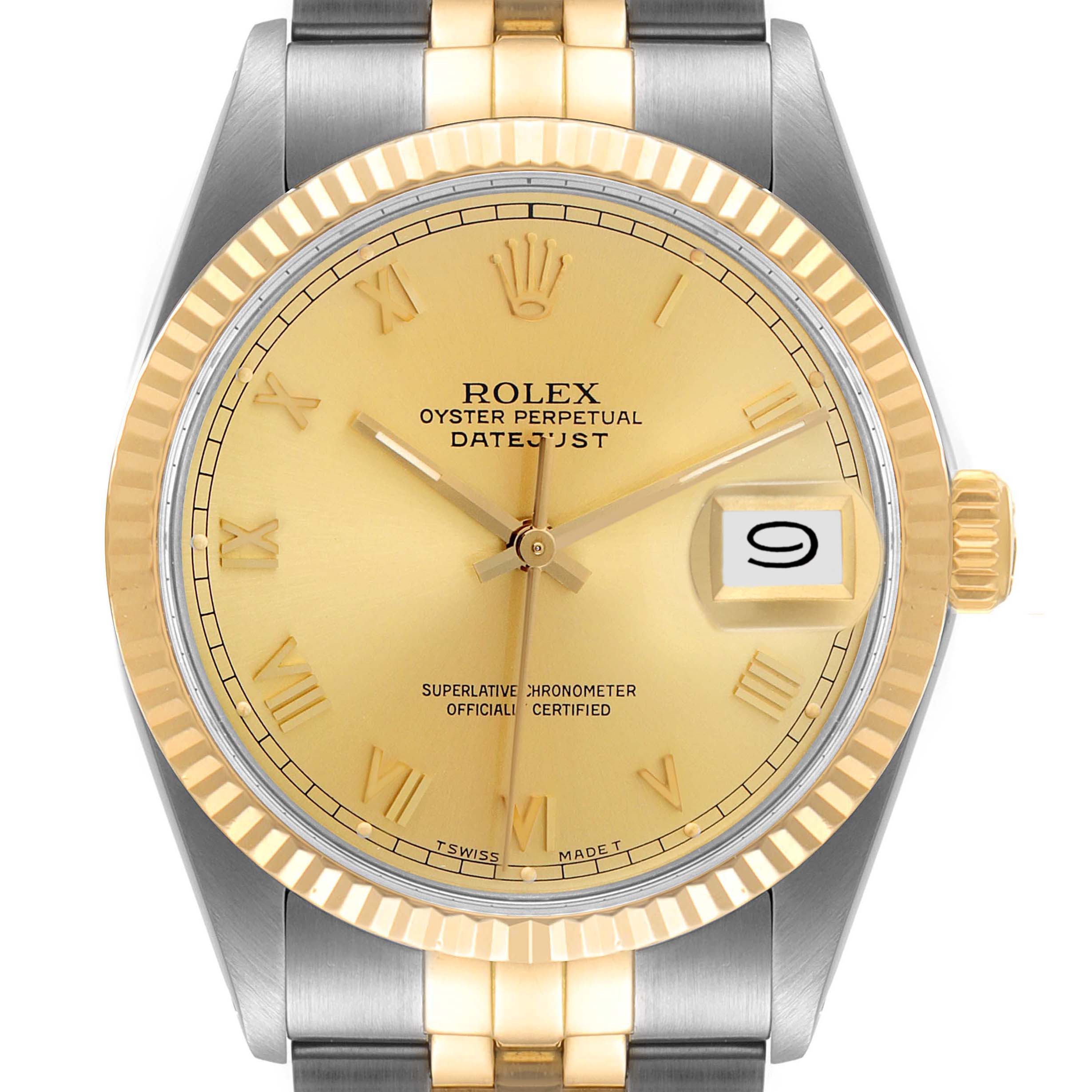 This image shows a Rolex Vintage Collection 16013 Men's Steel and Gold (two tone) Champagne Dial 16013 Men's Steel and Gold (two tone) Champagne Dial model watch from a front angle, displaying the dial, bezel, and part of the bracelet.