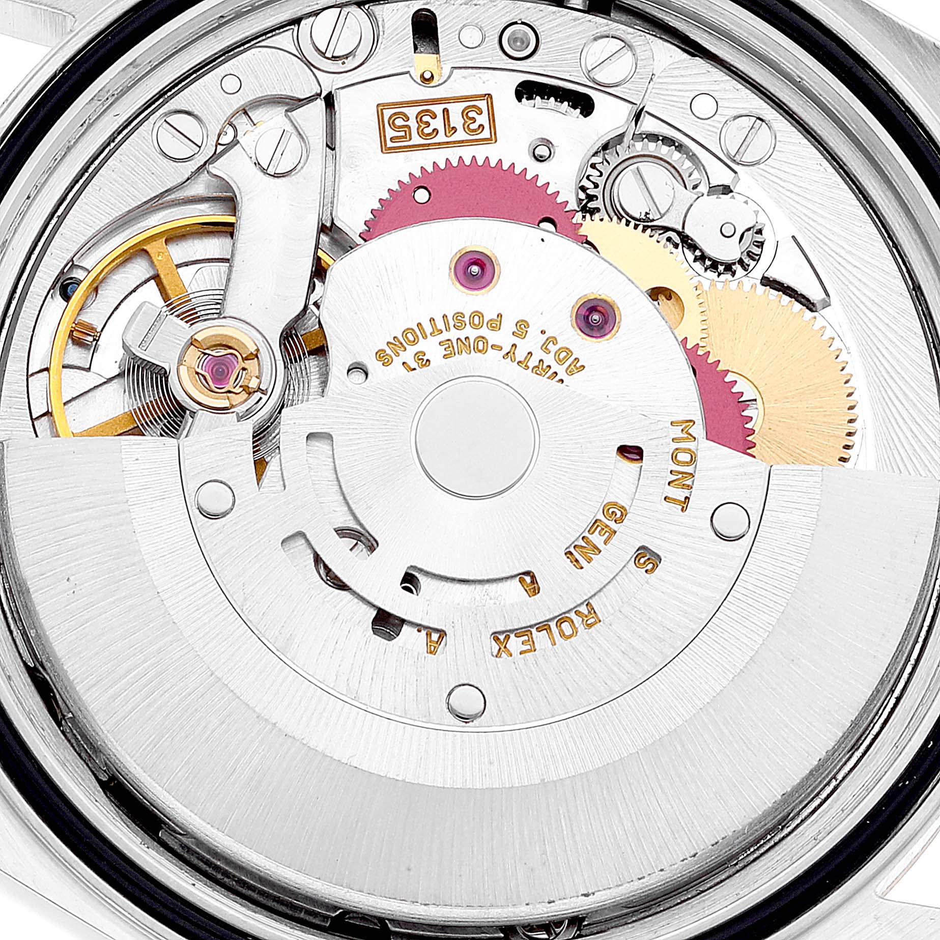 This image shows the internal mechanical movement of a Rolex Datejust 16233 Men's Steel and Gold (two tone) Champagne Dial 16233 Men's Steel and Gold (two tone) Champagne Dial watch from a top-down angle.