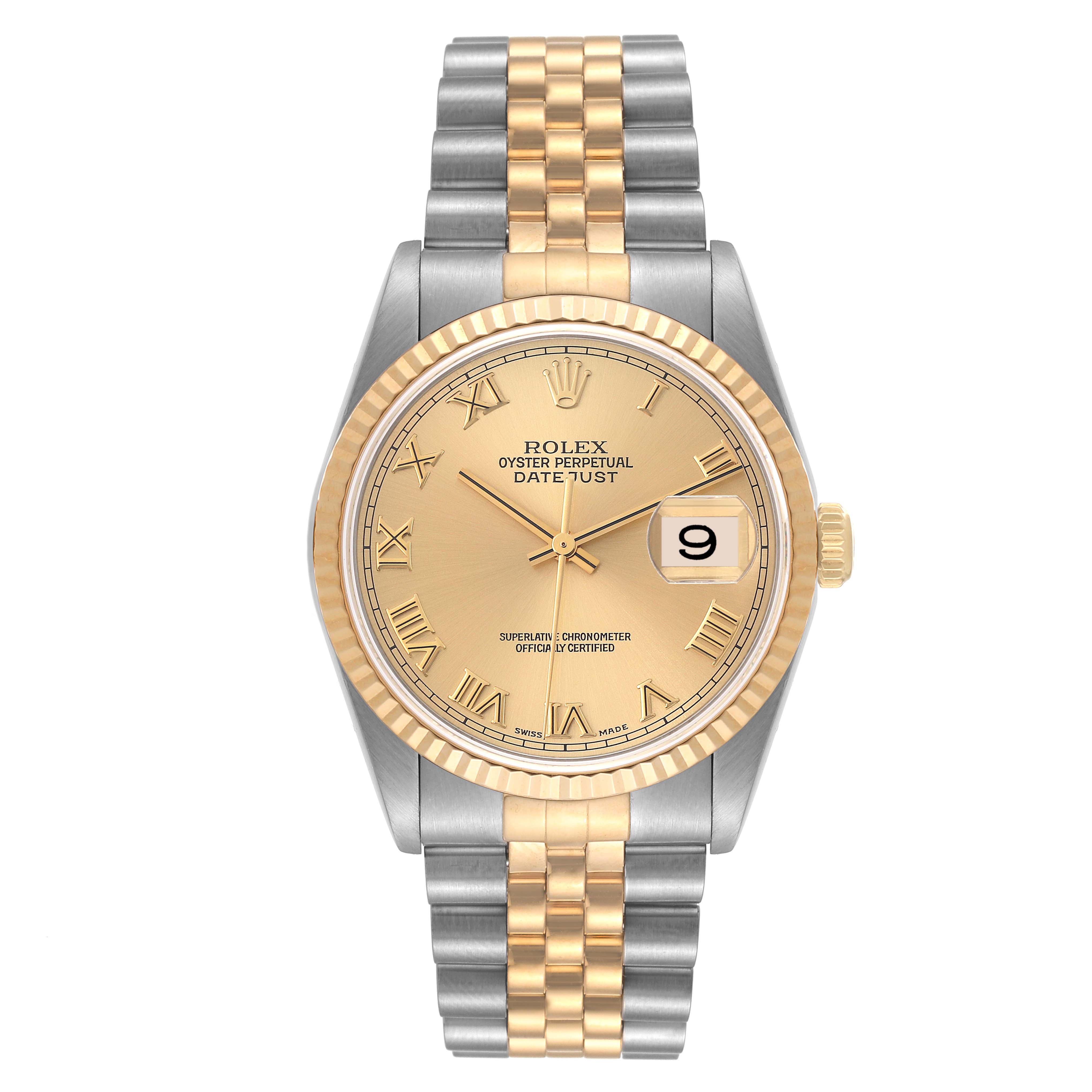 The Rolex Datejust 16233 Men's Steel and Gold (two tone) Champagne Dial 16233 Men's Steel and Gold (two tone) Champagne Dial watch is shown from a top-down angle, exhibiting the dial, bezel, and bracelet.