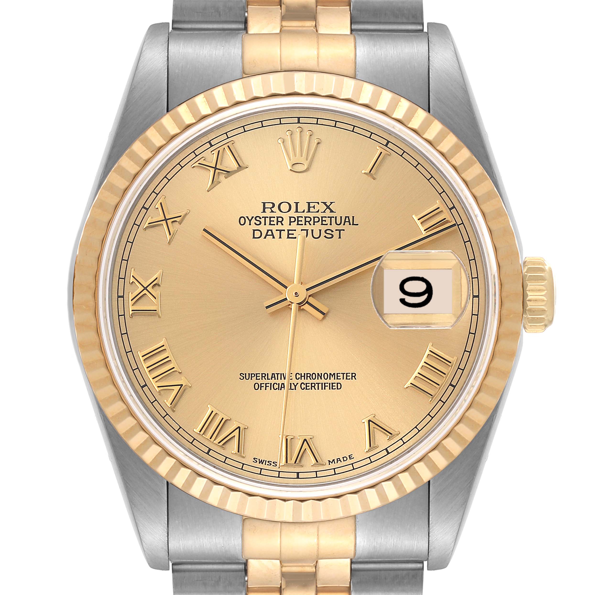 This Rolex Datejust 16233 Men's Steel and Gold (two tone) Champagne Dial 16233 Men's Steel and Gold (two tone) Champagne Dial watch is shown from a front angle, highlighting the dial, hands, date window, and part of the bracelet.