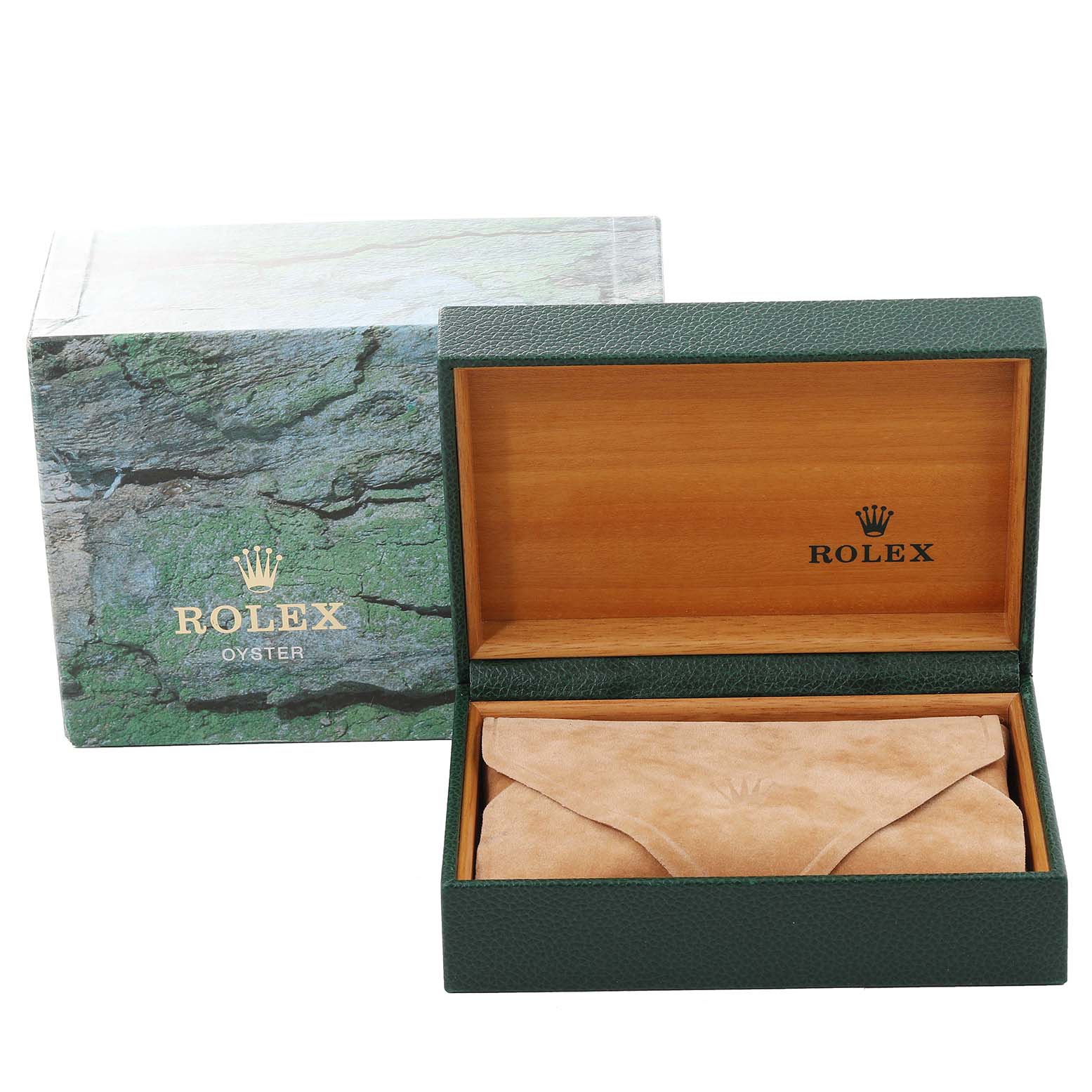 This image shows an open Rolex Datejust 16233 Men's Steel and Gold (two tone) Champagne Dial 16233 Men's Steel and Gold (two tone) Champagne Dial watch box and a separate outer packaging box, viewed from the front.