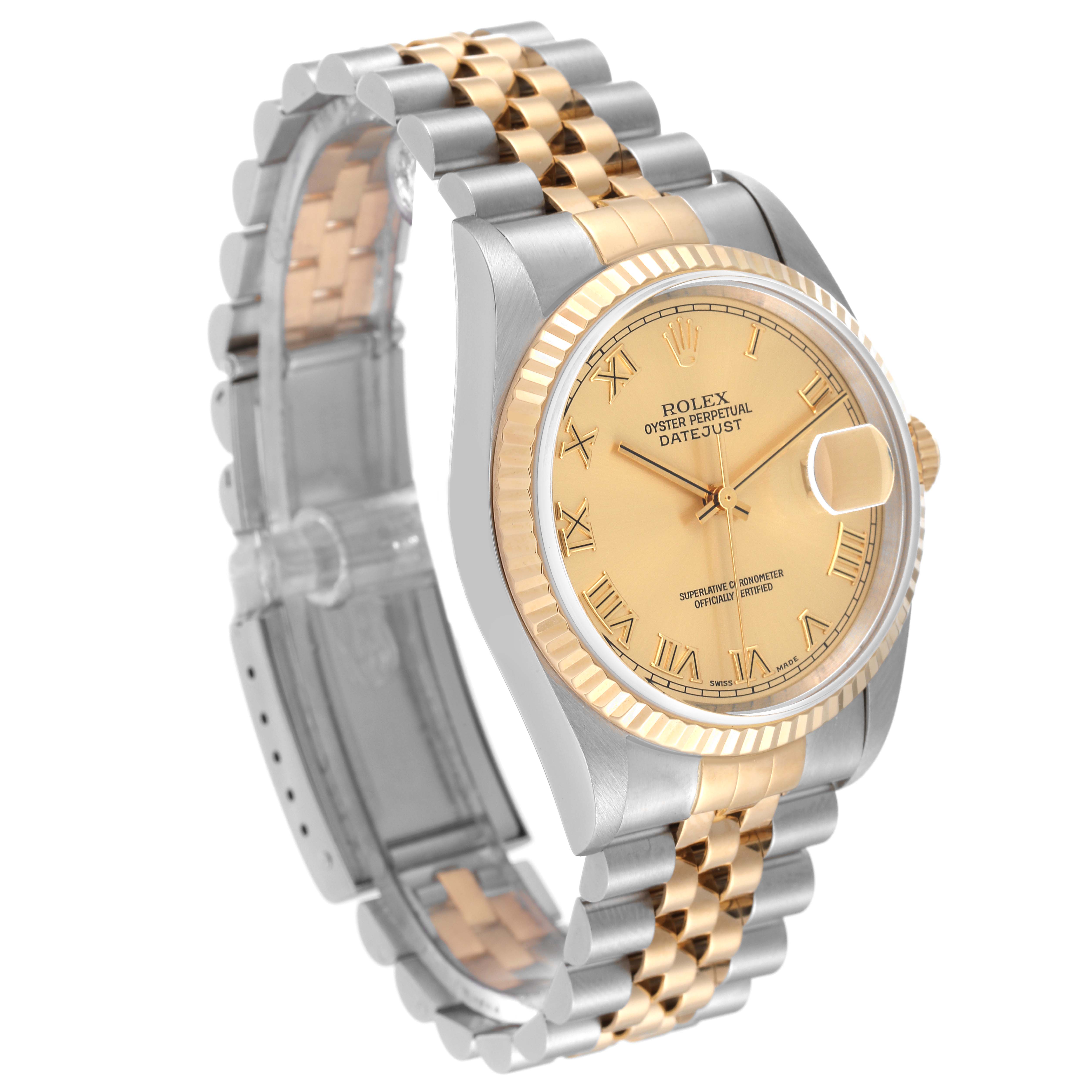 The image shows a side-angle view of a Rolex Datejust 16233 Men's Steel and Gold (two tone) Champagne Dial 16233 Men's Steel and Gold (two tone) Champagne Dial watch, highlighting its gold and silver bracelet, fluted bezel, and dial.