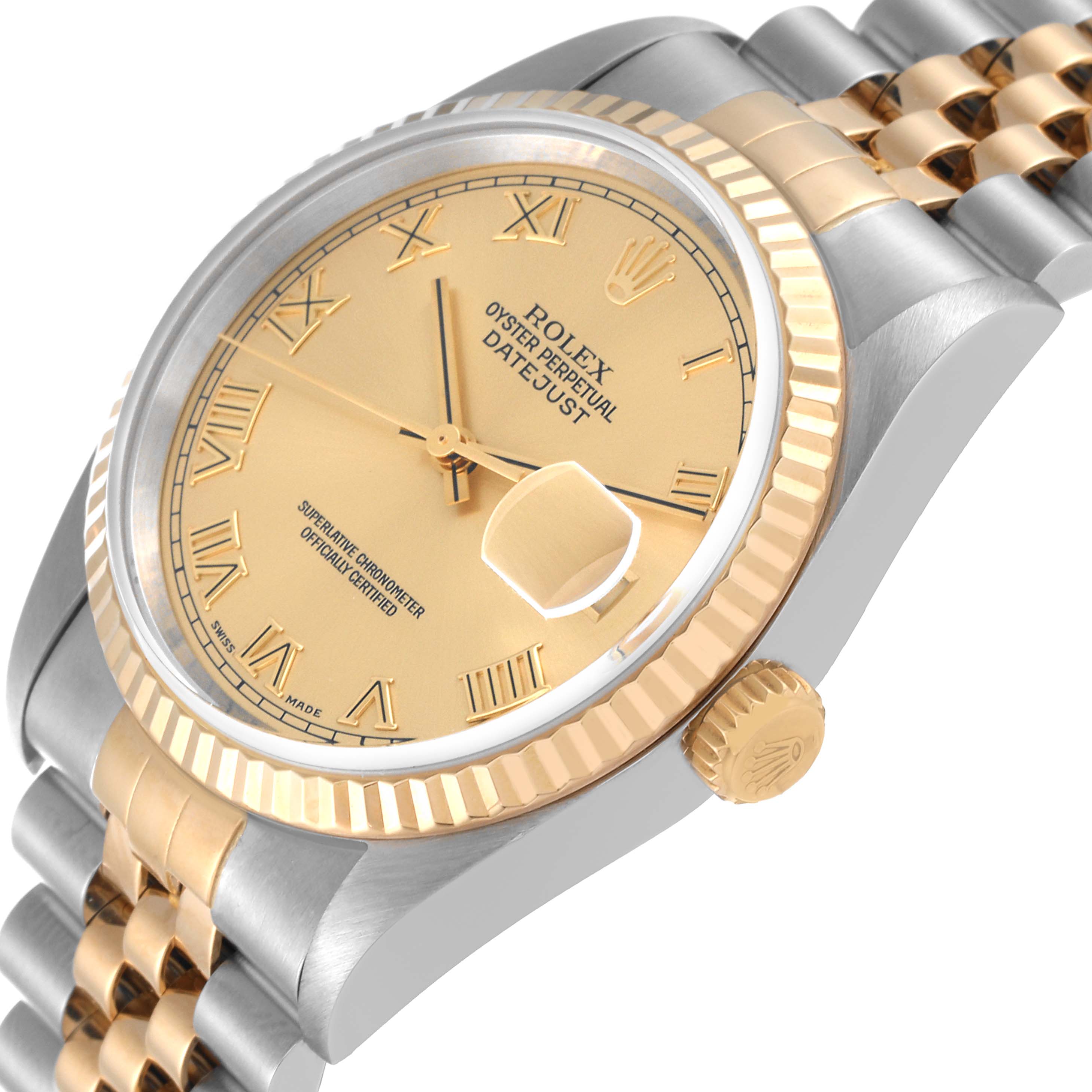 The image shows a close-up angle of the Rolex Datejust 16233 Men's Steel and Gold (two tone) Champagne Dial 16233 Men's Steel and Gold (two tone) Champagne Dial watch, highlighting the dial, bezel, crown, and partially the bracelet.