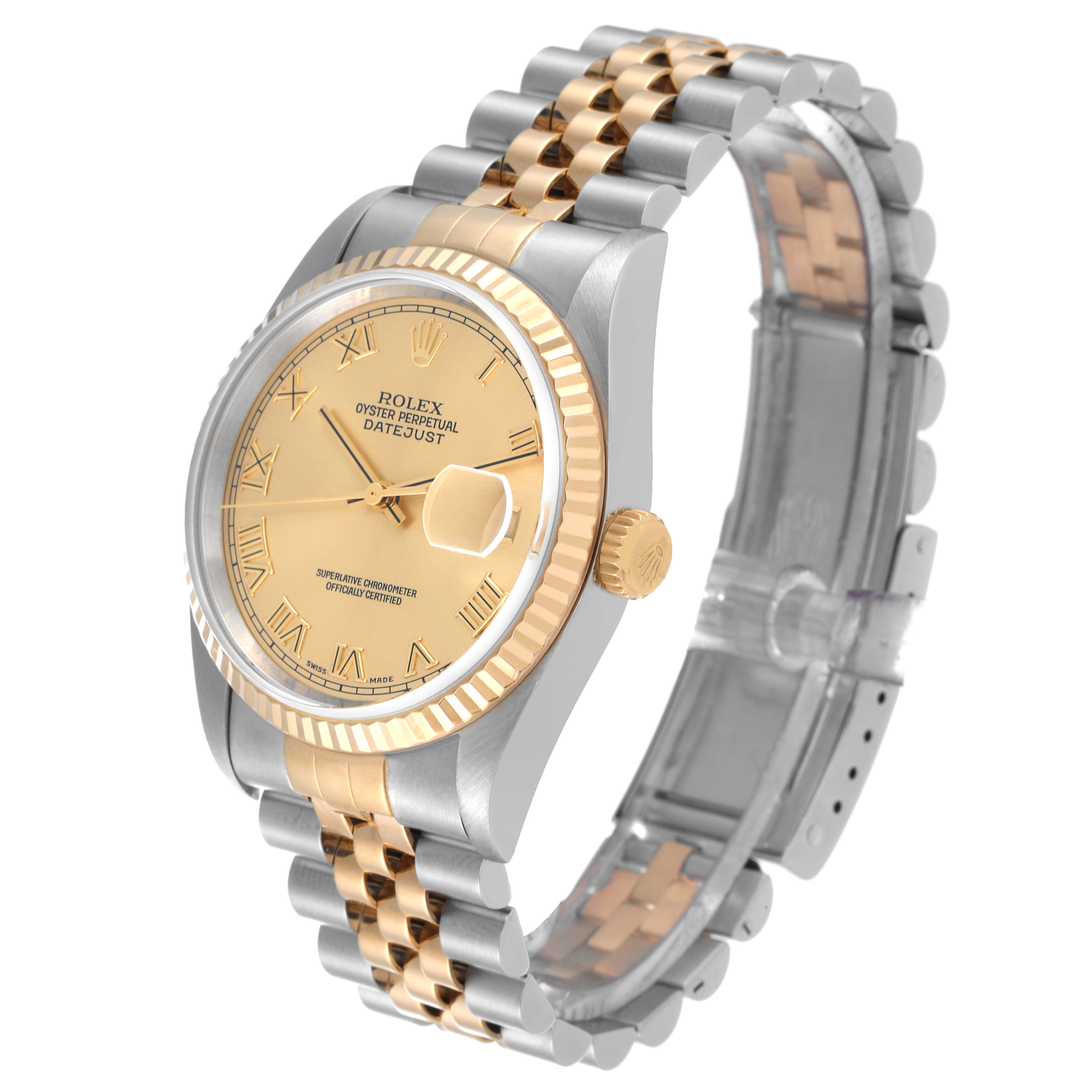 The image shows a side angle of a Rolex Datejust 16233 Men's Steel and Gold (two tone) Champagne Dial 16233 Men's Steel and Gold (two tone) Champagne Dial watch, highlighting the bezel, dial, crown, and two-tone bracelet.
