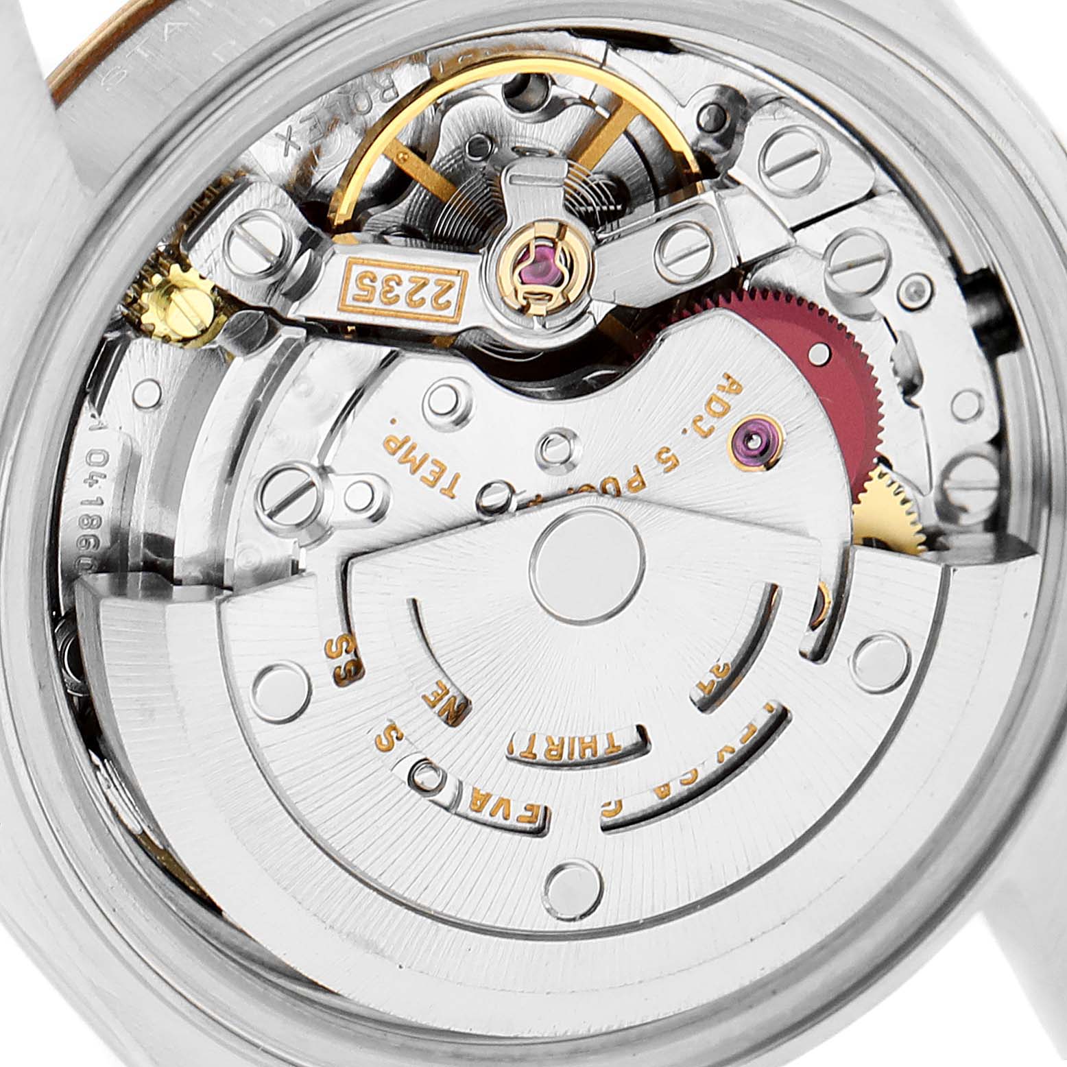 This image shows the intricate movement mechanism of a Rolex Datejust 79173 Women
s Steel and Gold (two tone) Champagne Dial 79173 Women
s Steel and Gold (two tone) Champagne Dial watch from a rear angle.