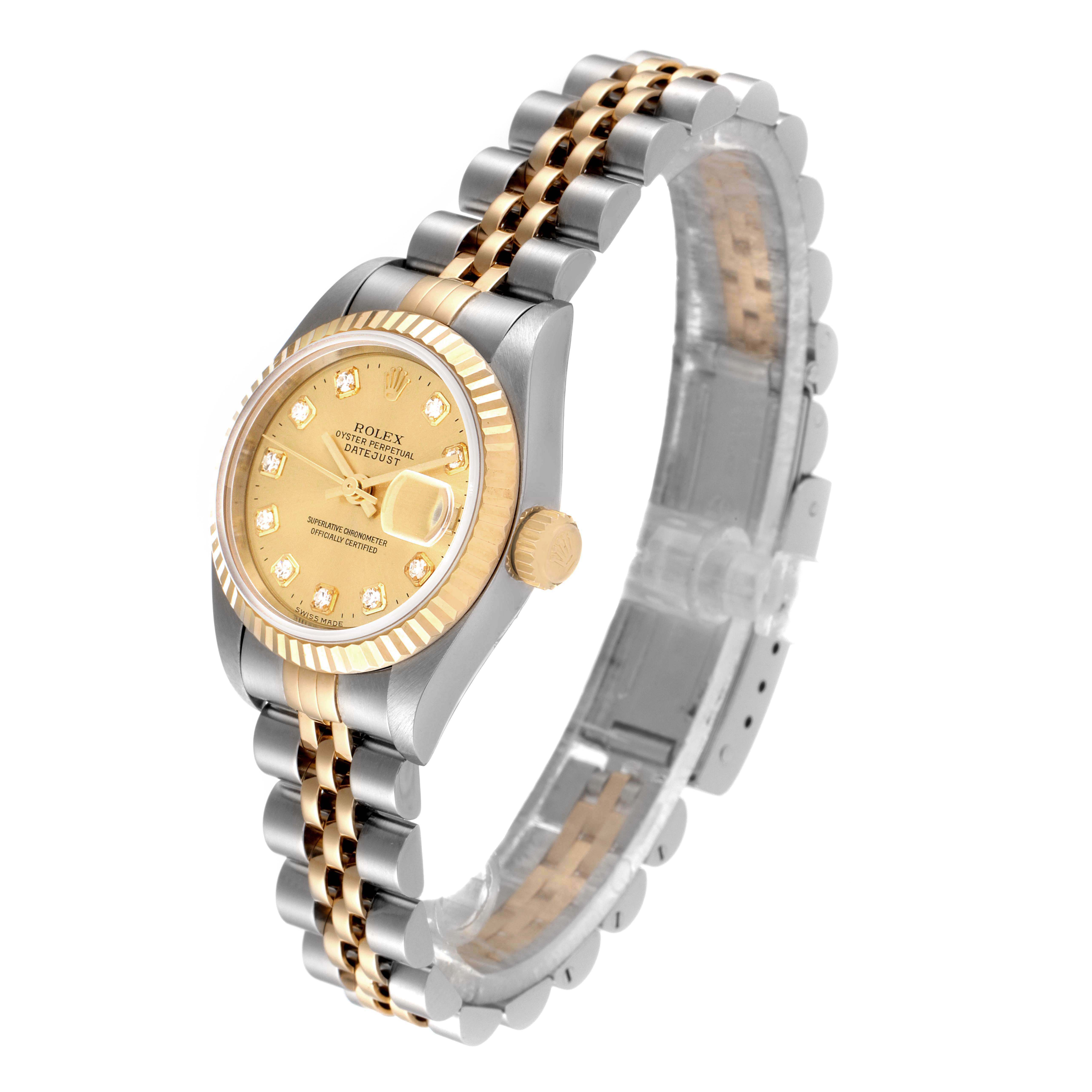 The Rolex Datejust 79173 Women
s Steel and Gold (two tone) Champagne Dial 79173 Women
s Steel and Gold (two tone) Champagne Dial watch is shown at a slight angle, revealing the face, bezel, crown, and bracelet.