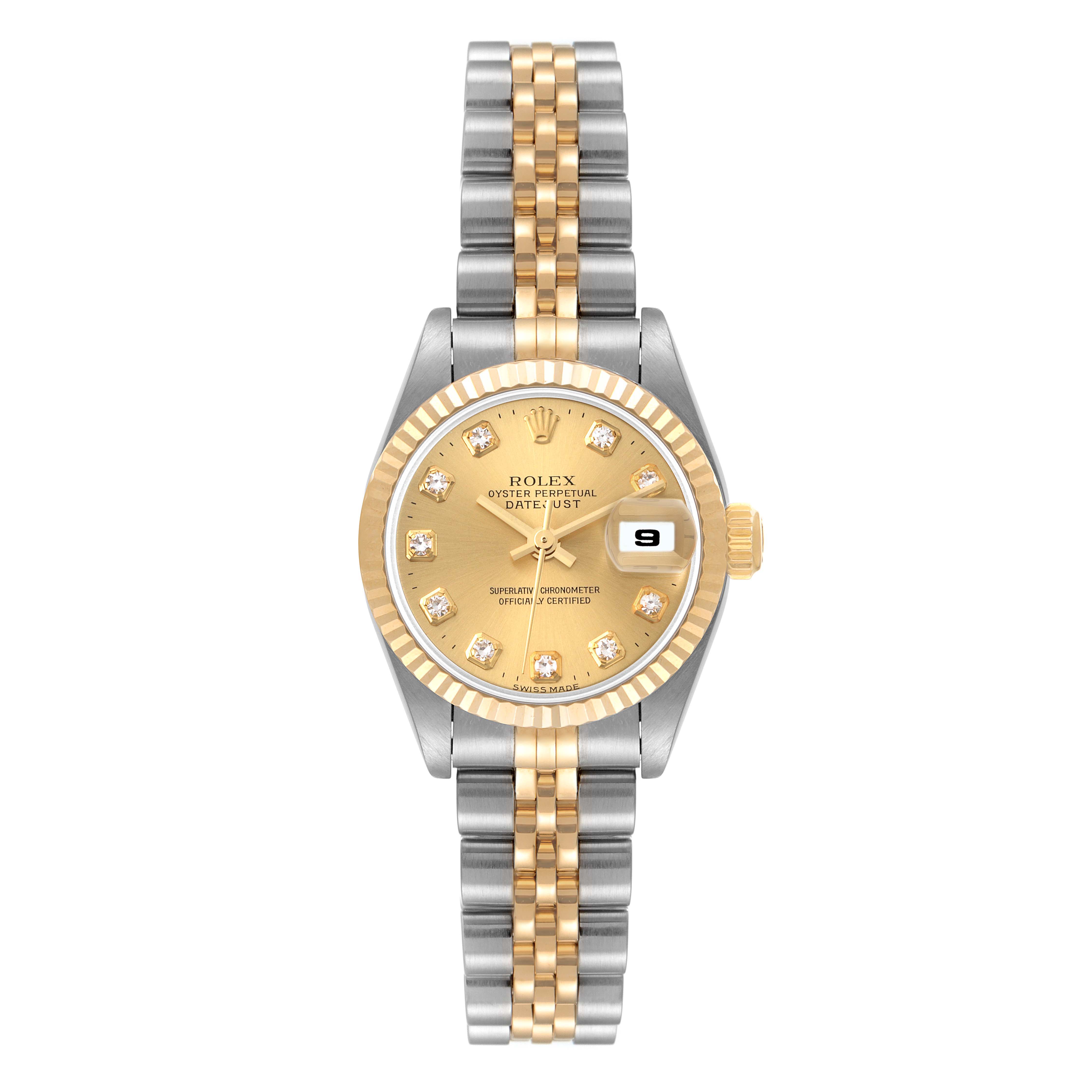 The image shows a front view of a Rolex Datejust 79173 Women
s Steel and Gold (two tone) Champagne Dial 79173 Women
s Steel and Gold (two tone) Champagne Dial watch, highlighting its gold dial, fluted bezel, and two-tone bracelet.
