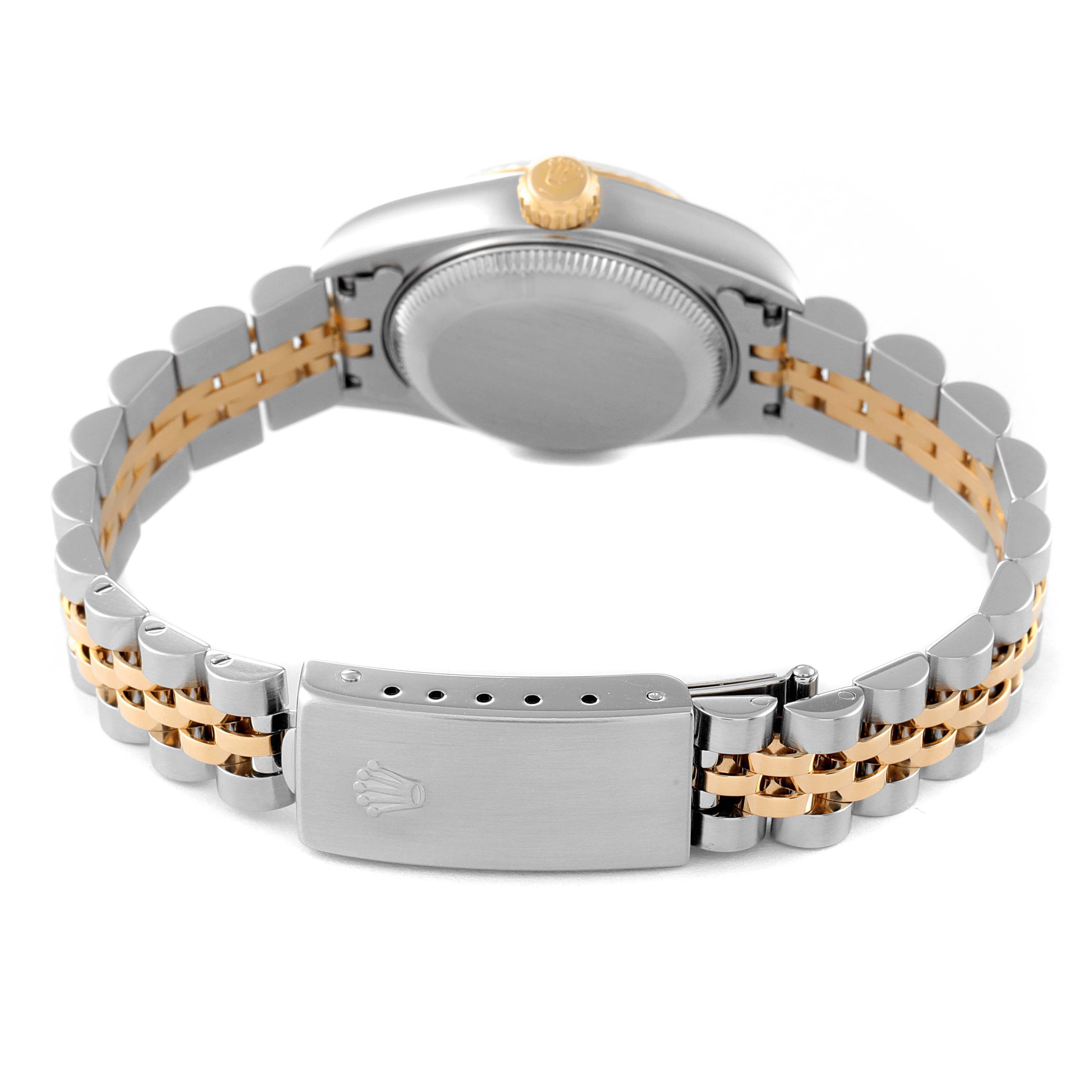 This image shows the back view of the Rolex Datejust 79173 Women
s Steel and Gold (two tone) Champagne Dial 79173 Women
s Steel and Gold (two tone) Champagne Dial watch, focusing on the case, crown, and Jubilee bracelet.