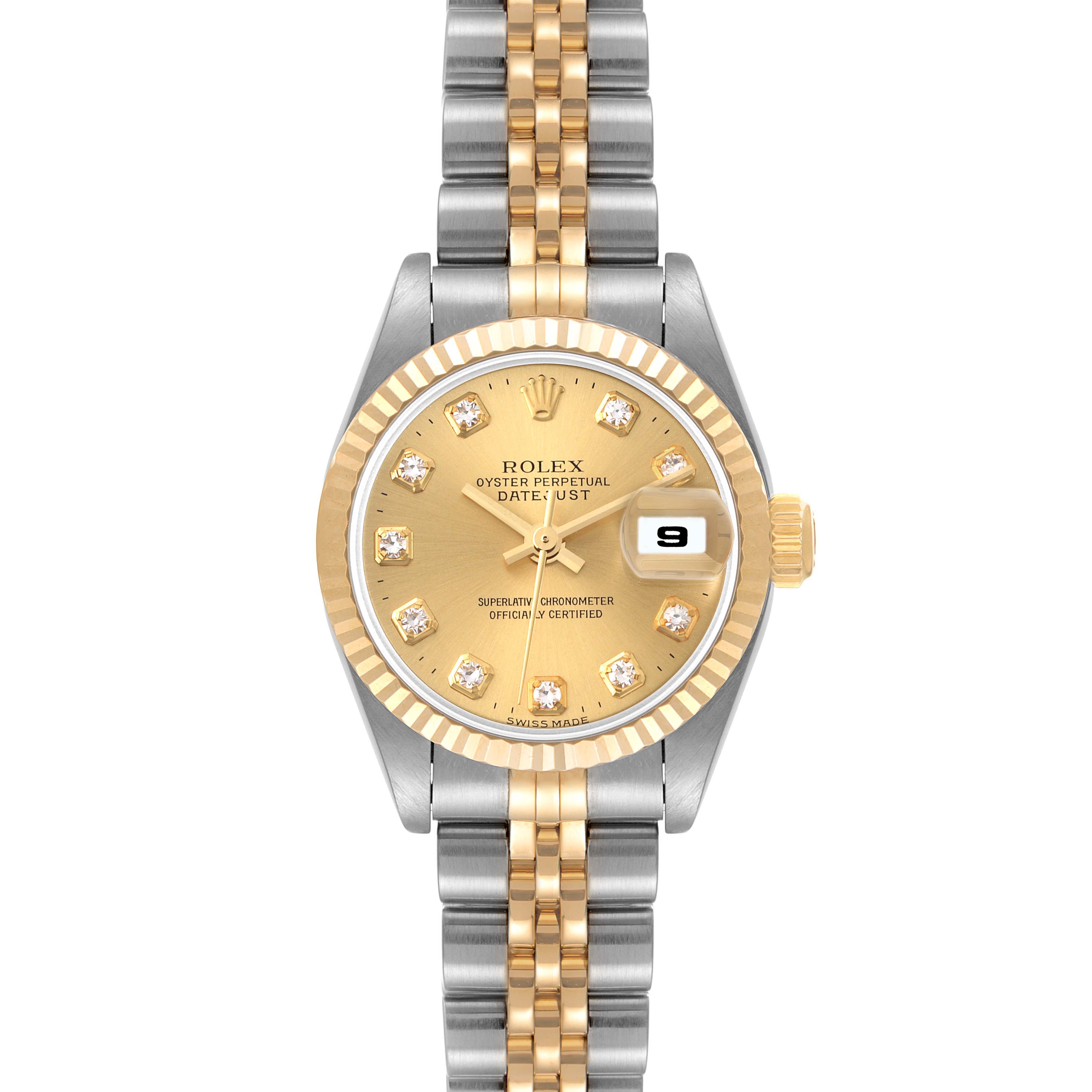 The image shows a front view of a Rolex Datejust 79173 Women
s Steel and Gold (two tone) Champagne Dial 79173 Women
s Steel and Gold (two tone) Champagne Dial watch, featuring a gold dial, diamond hour markers, and a two-tone metal bracelet.