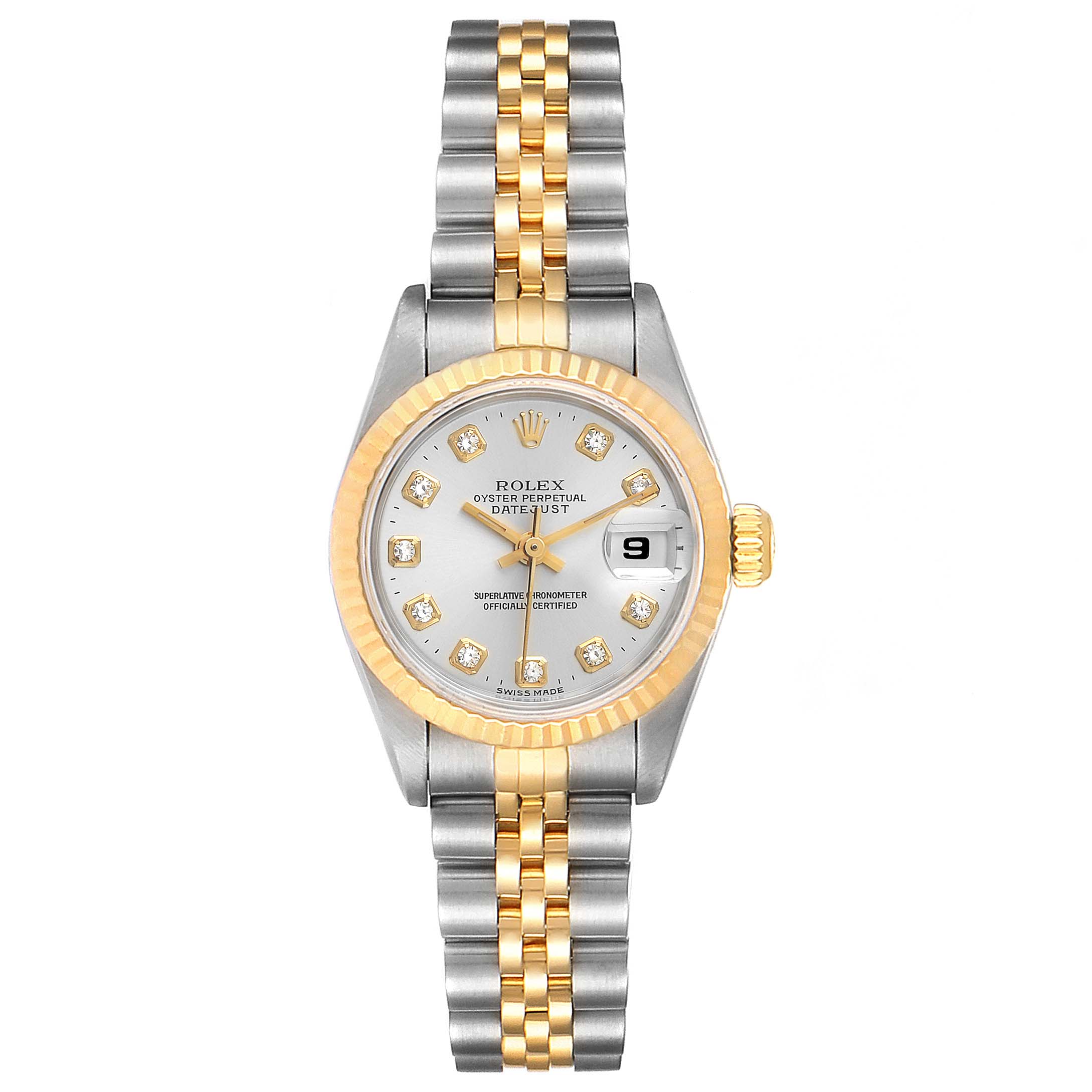 The image shows a Rolex Datejust 69173 Men's Steel and Gold (two tone) Silver Dial 69173 Men's Steel and Gold (two tone) Silver Dial watch from a top-down angle, highlighting the face, bezel, and two-tone bracelet.