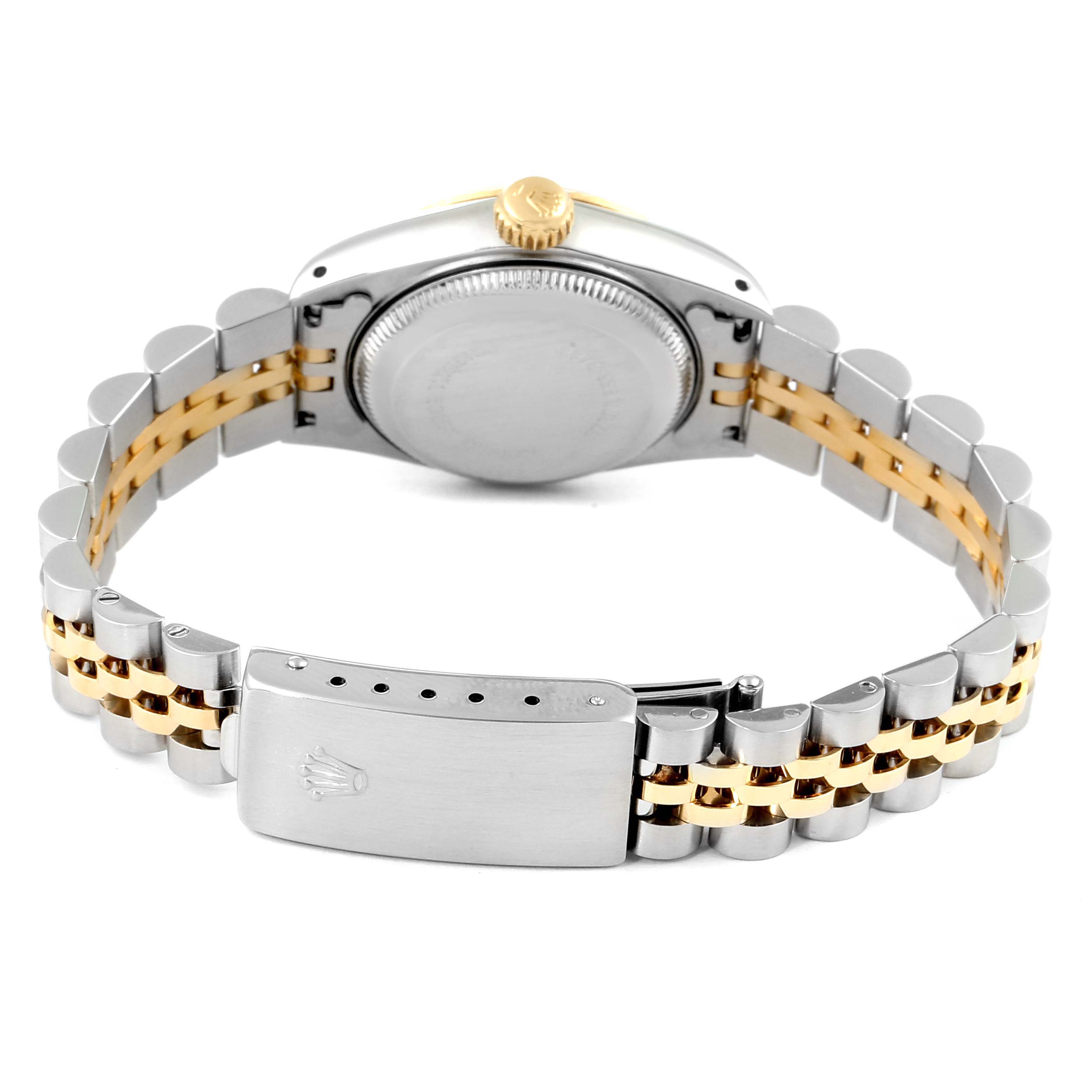 The image shows the back view of the Rolex Datejust 69173 Men's Steel and Gold (two tone) Silver Dial 69173 Men's Steel and Gold (two tone) Silver Dial watch, highlighting the bracelet and clasp.