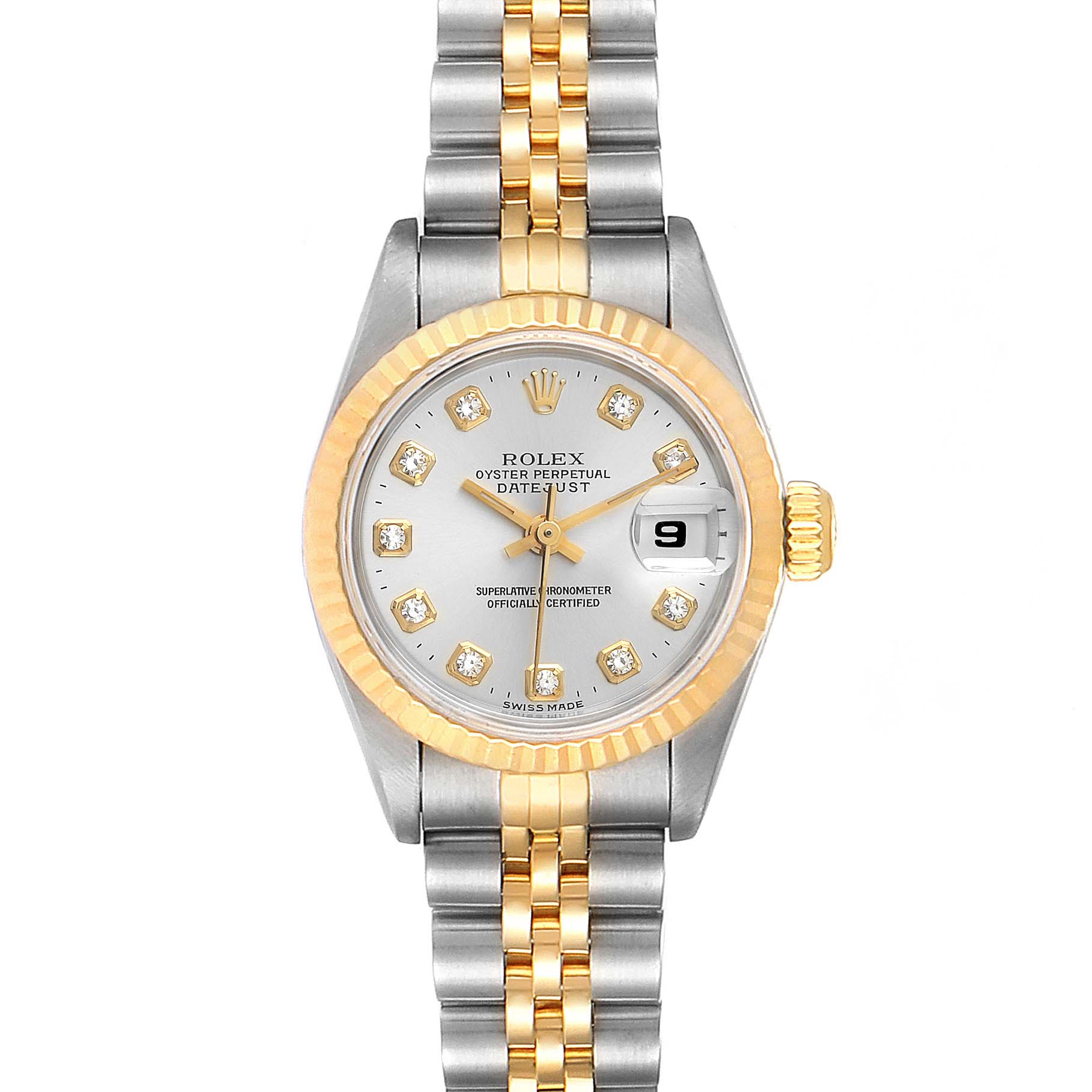 The image shows a Rolex Datejust 69173 Men's Steel and Gold (two tone) Silver Dial 69173 Men's Steel and Gold (two tone) Silver Dial watch from a top-down angle, highlighting its face, bezel, and bracelet.