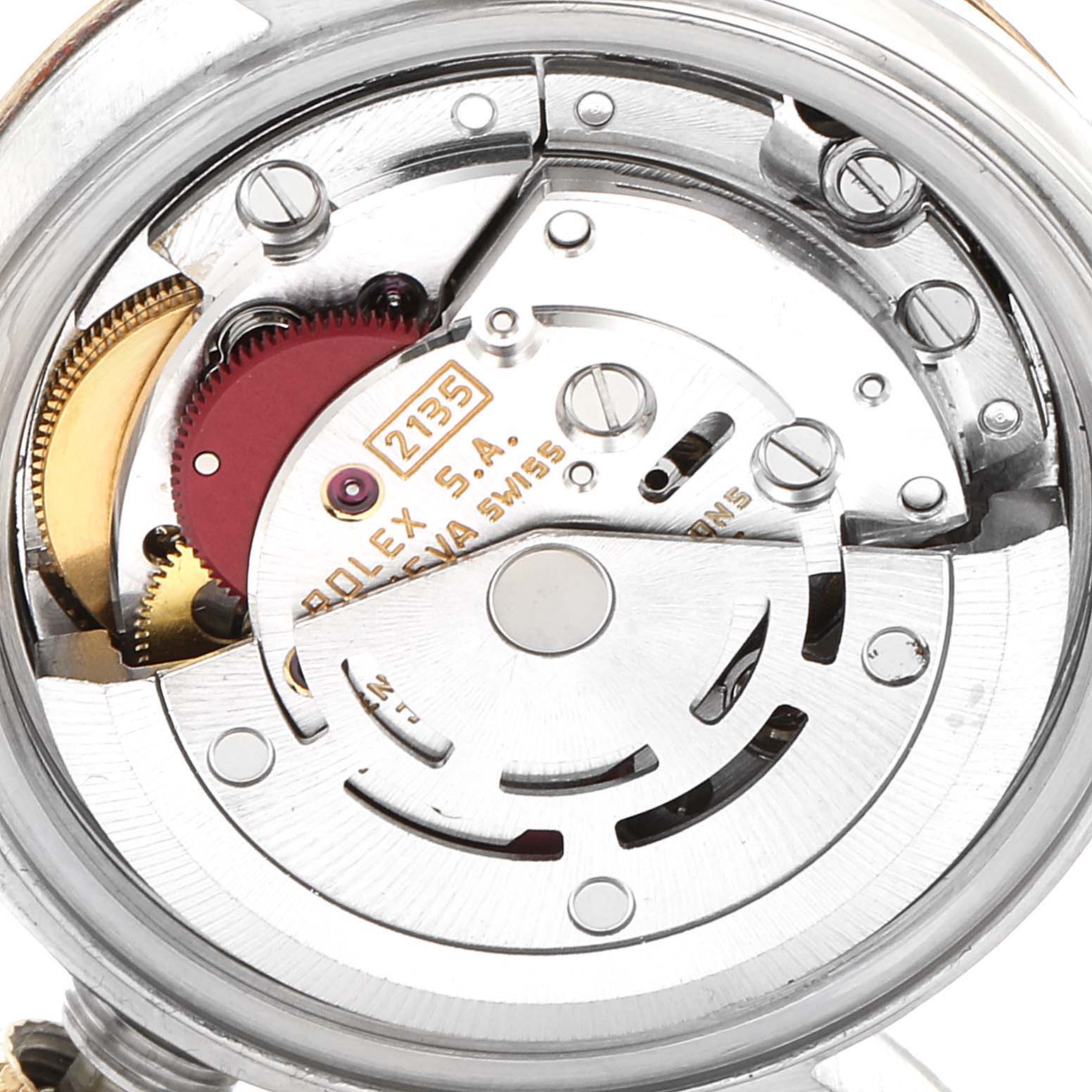 This image shows the intricate internal mechanics from a rear angle of the Rolex Datejust 69173 Men's Steel and Gold (two tone) Silver Dial 69173 Men's Steel and Gold (two tone) Silver Dial watch model.