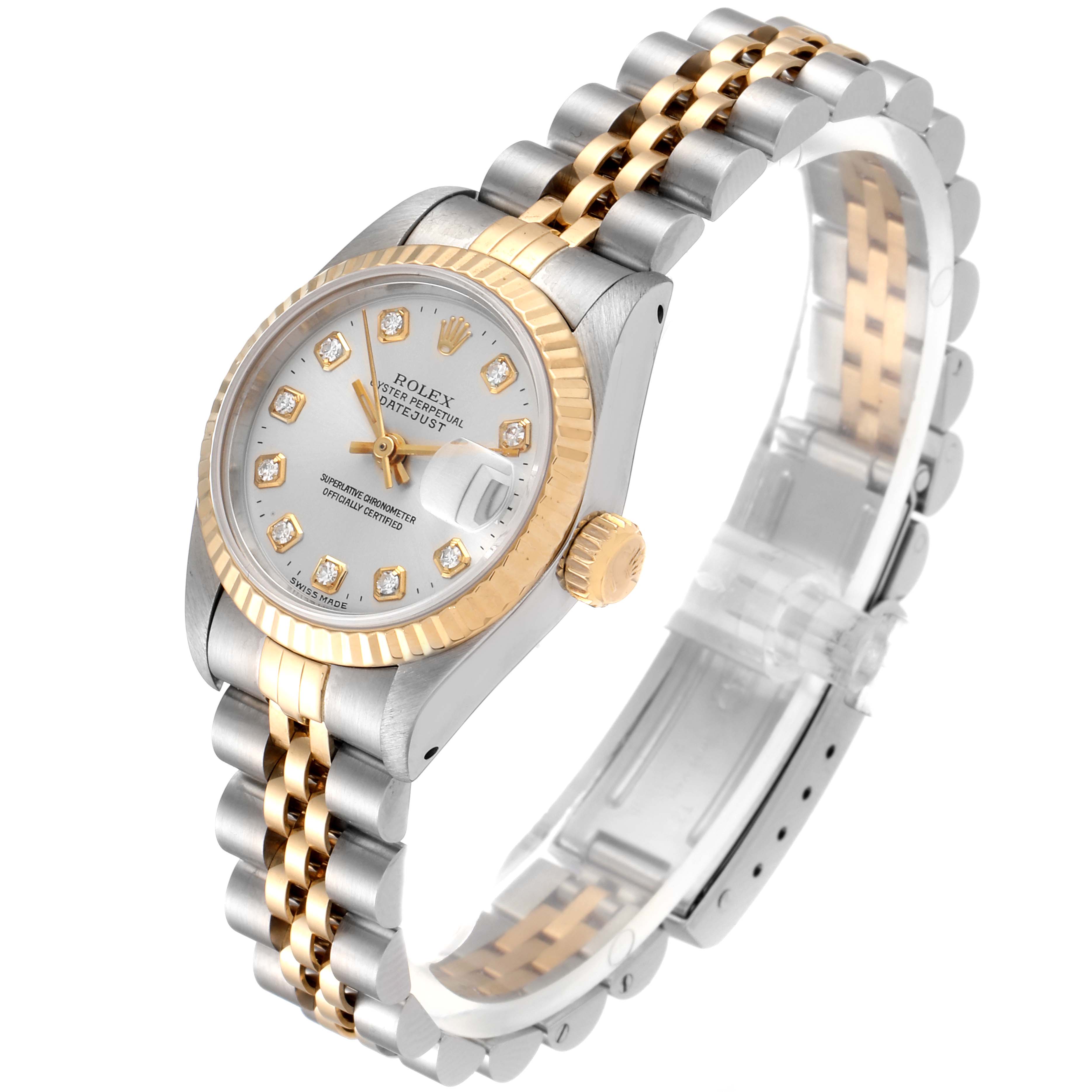 The image shows a Rolex Datejust 69173 Men's Steel and Gold (two tone) Silver Dial 69173 Men's Steel and Gold (two tone) Silver Dial watch at an oblique angle, highlighting the bracelet, bezel, and dial.