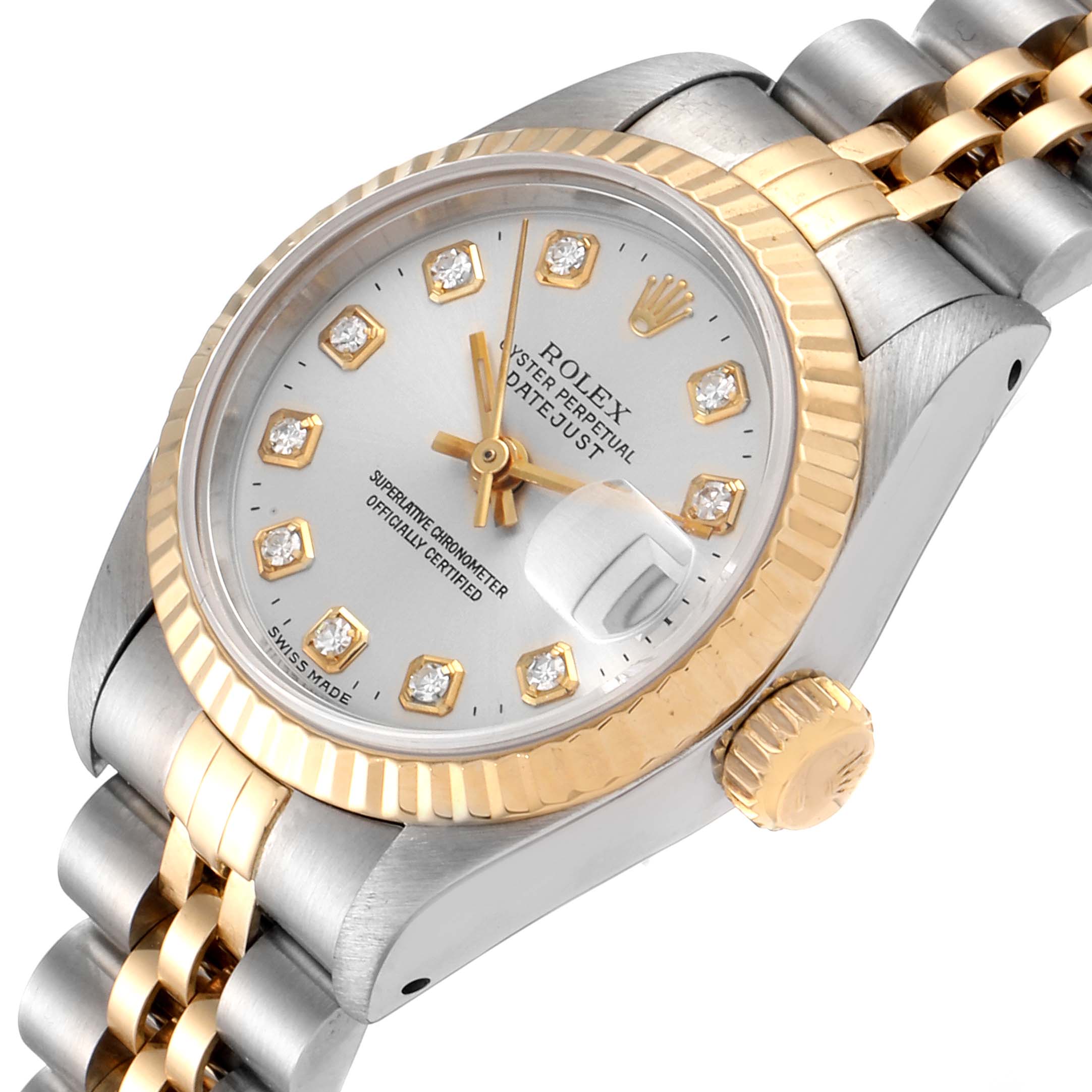 The Rolex Datejust 69173 Men's Steel and Gold (two tone) Silver Dial 69173 Men's Steel and Gold (two tone) Silver Dial watch is shown at an angle, displaying the face, bezel, crown, and part of the bracelet.