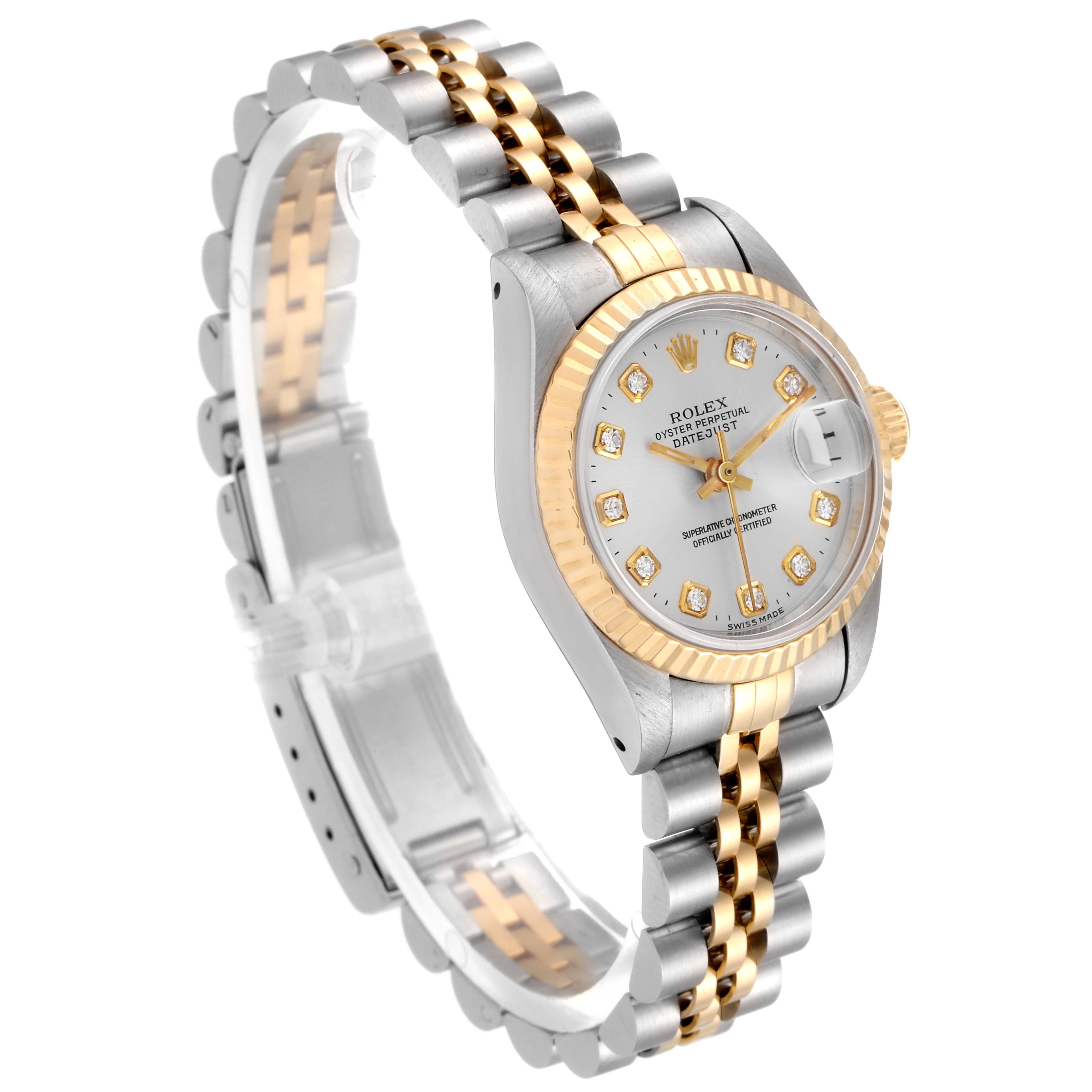 The image shows a Rolex Datejust 69173 Men's Steel and Gold (two tone) Silver Dial 69173 Men's Steel and Gold (two tone) Silver Dial watch at a three-quarter angle, highlighting its dial, bezel, and two-tone bracelet.