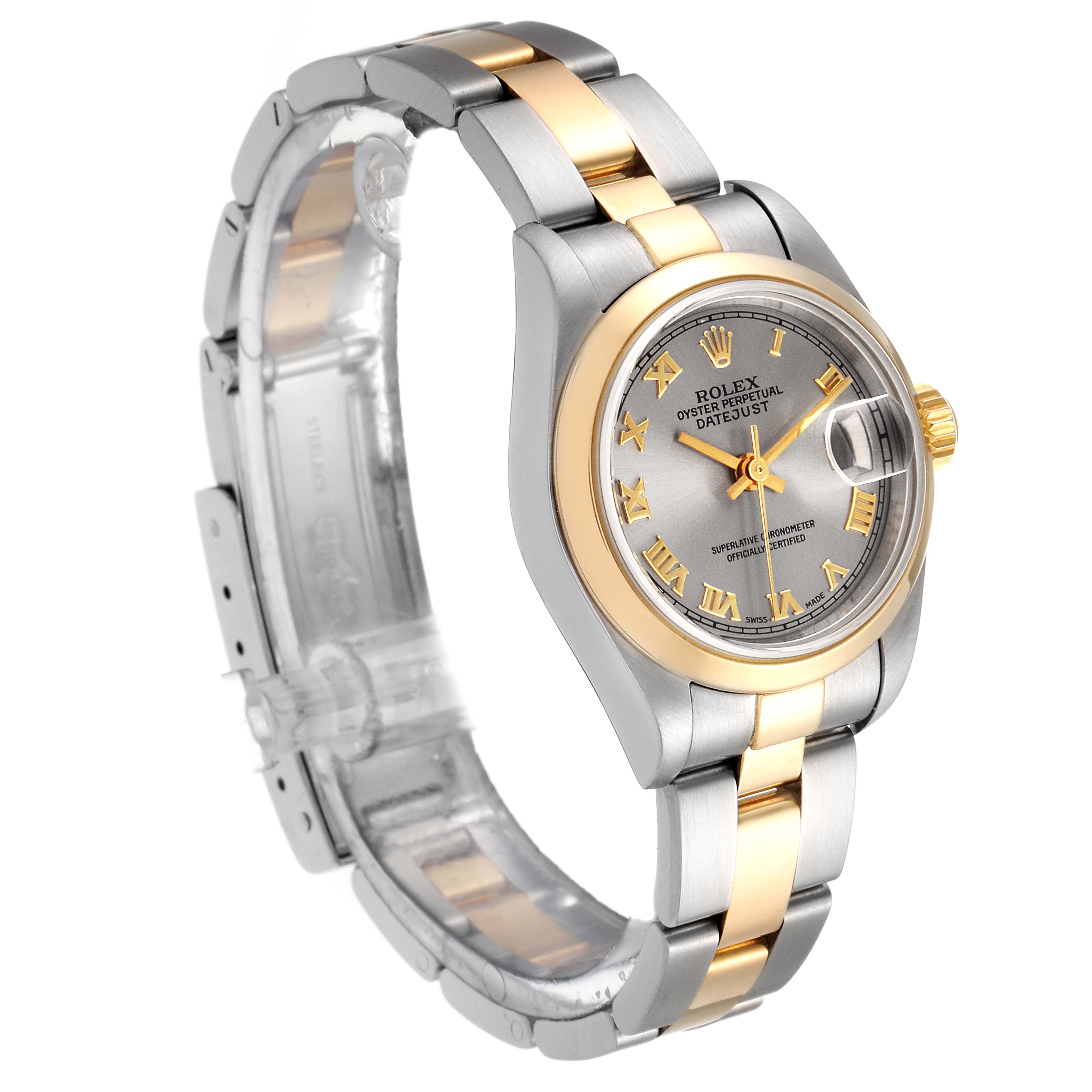 This image shows a side and front angle of a Rolex Datejust 79163 Women's Steel and Gold (two tone) Grey Dial 79163 Women's Steel and Gold (two tone) Grey Dial watch, highlighting its bezel, face, and two-tone bracelet.