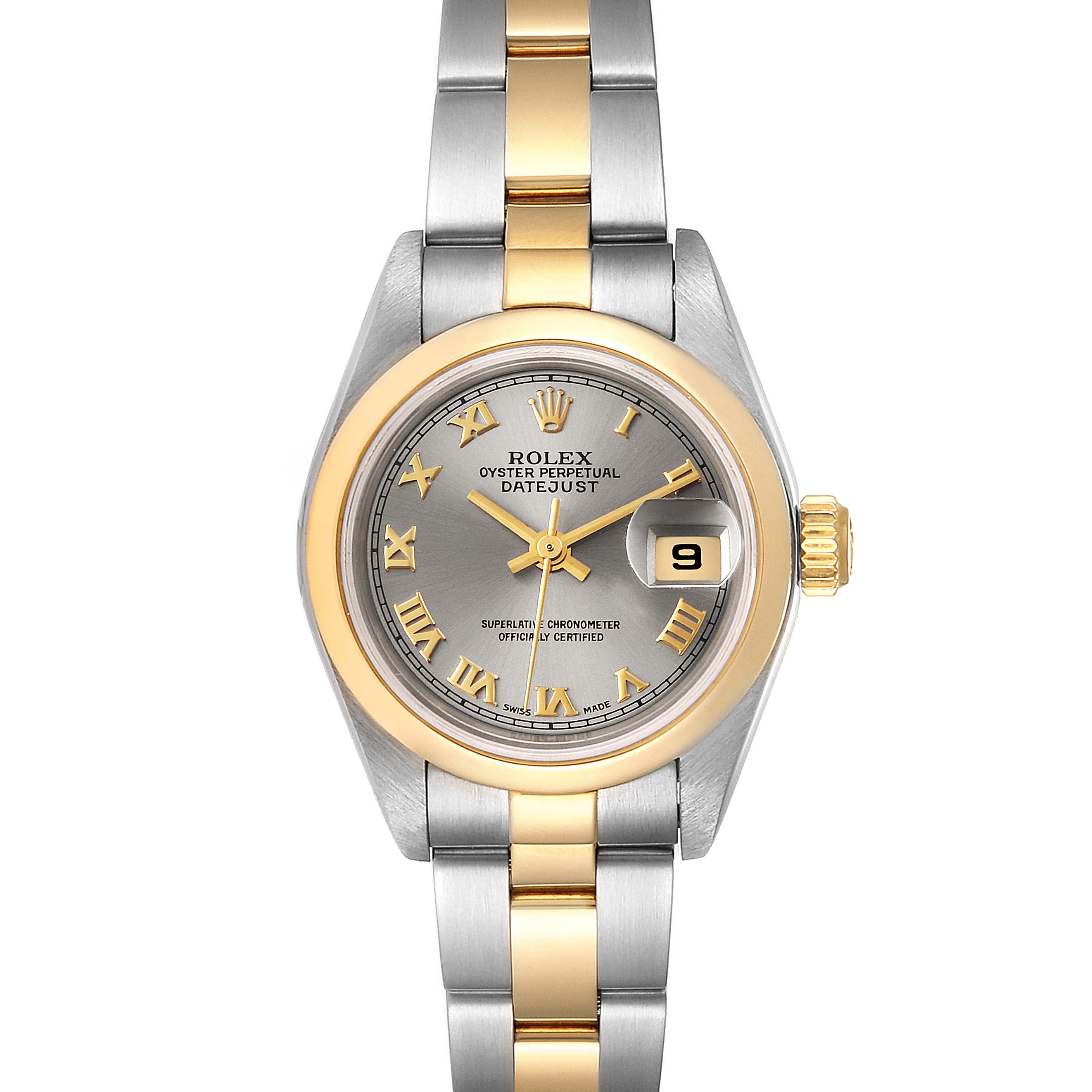 This image shows the front view of a Rolex Datejust 79163 Women's Steel and Gold (two tone) Grey Dial 79163 Women's Steel and Gold (two tone) Grey Dial watch, highlighting the dial, bezel, and two-tone bracelet.