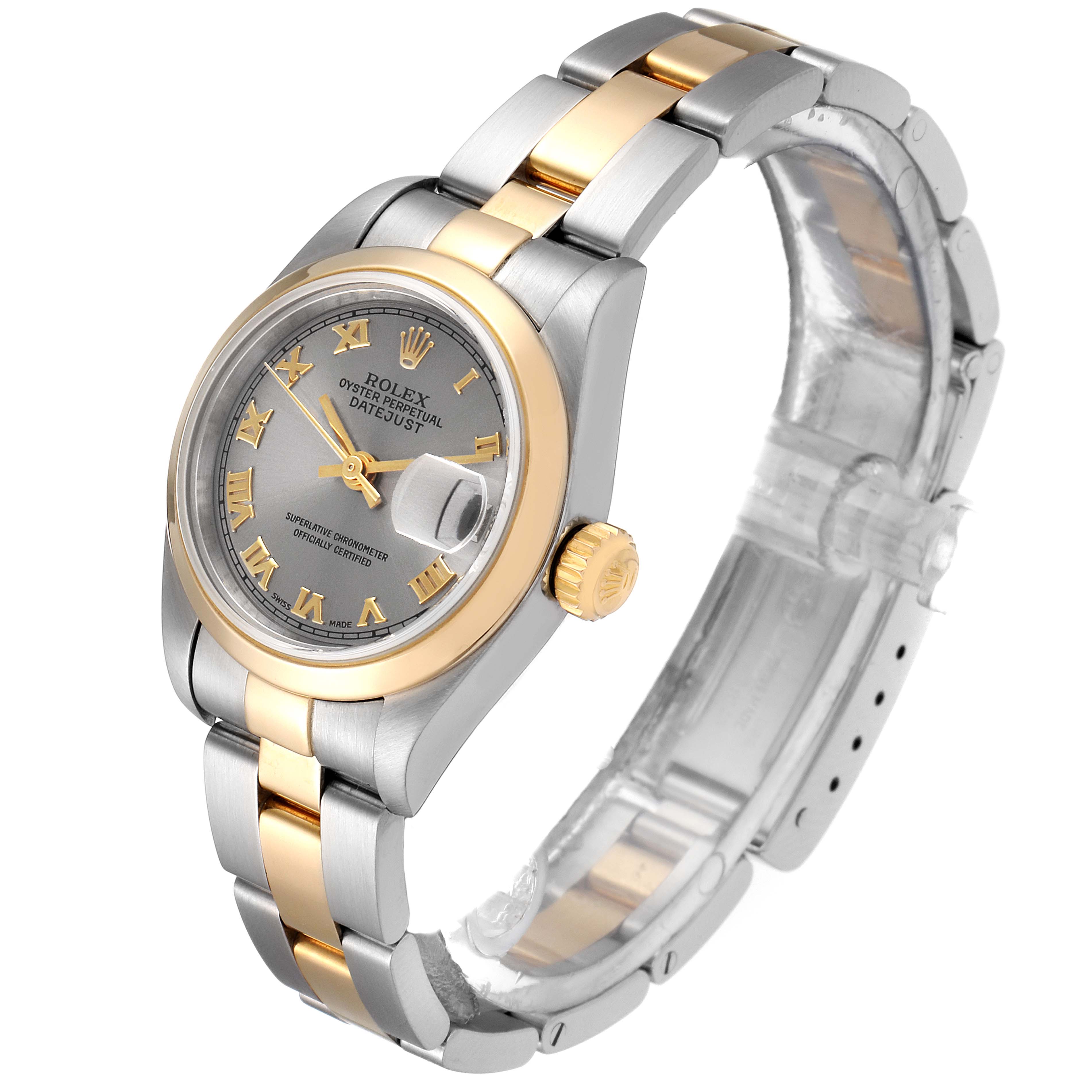 The image displays a Rolex Datejust 79163 Women's Steel and Gold (two tone) Grey Dial 79163 Women's Steel and Gold (two tone) Grey Dial watch at a three-quarter angle showing the face, bezel, crown, and bracelet.