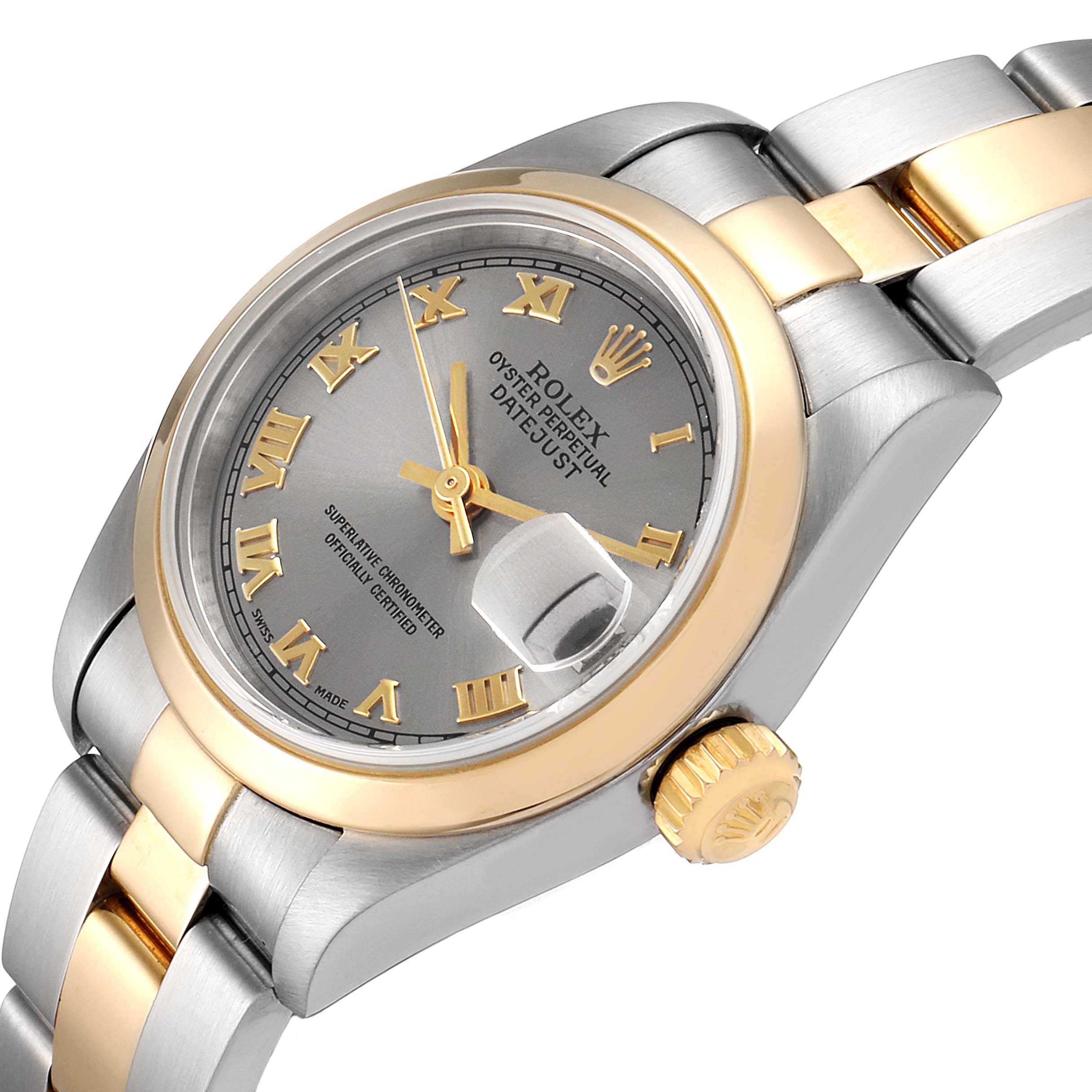 The image shows an angled view of the Rolex Datejust 79163 Women's Steel and Gold (two tone) Grey Dial 79163 Women's Steel and Gold (two tone) Grey Dial watch, highlighting the dial, bezel, and part of the bracelet.