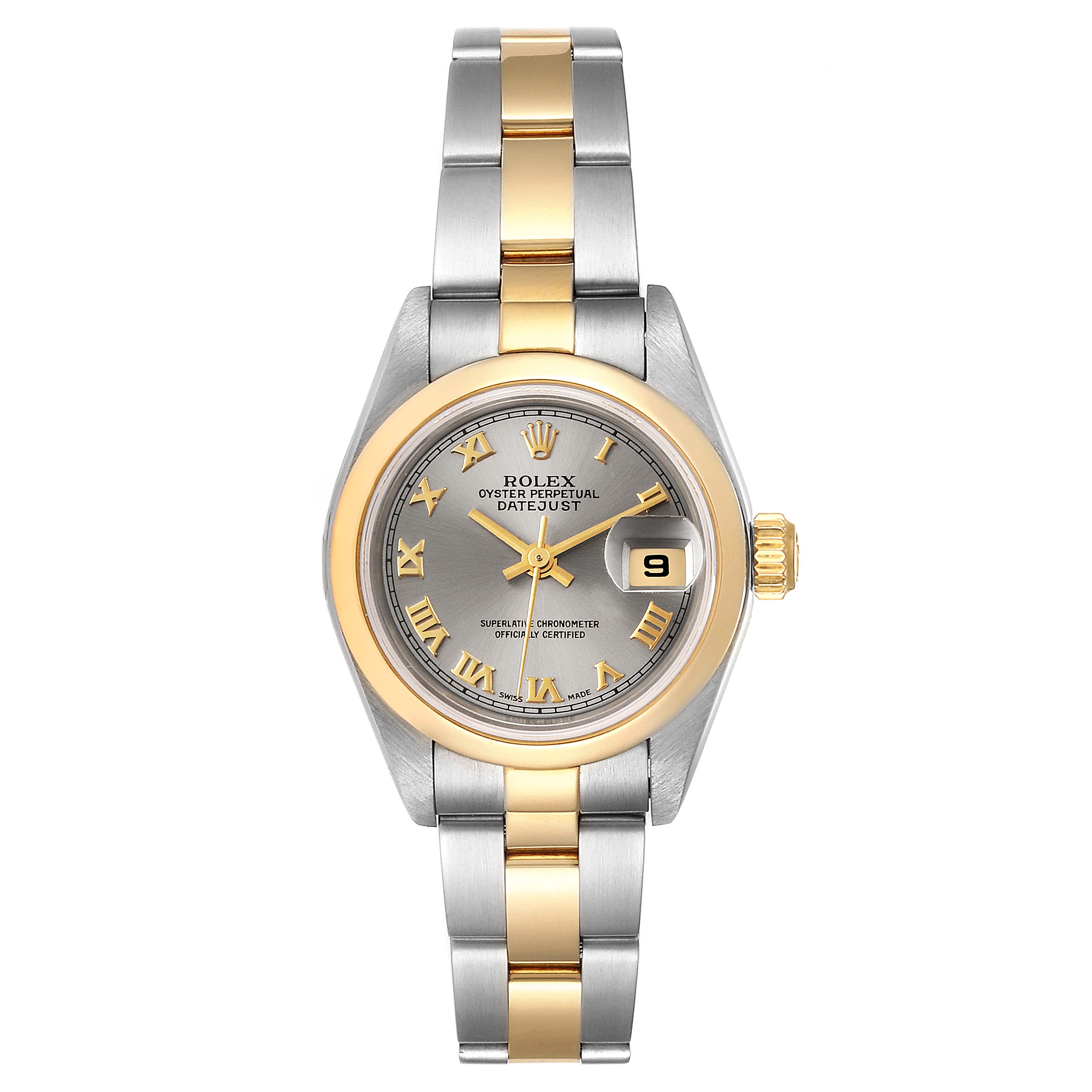 The image shows a front view of a Rolex Datejust 79163 Women's Steel and Gold (two tone) Grey Dial 79163 Women's Steel and Gold (two tone) Grey Dial watch, displaying the face, bezel, and bracelet.
