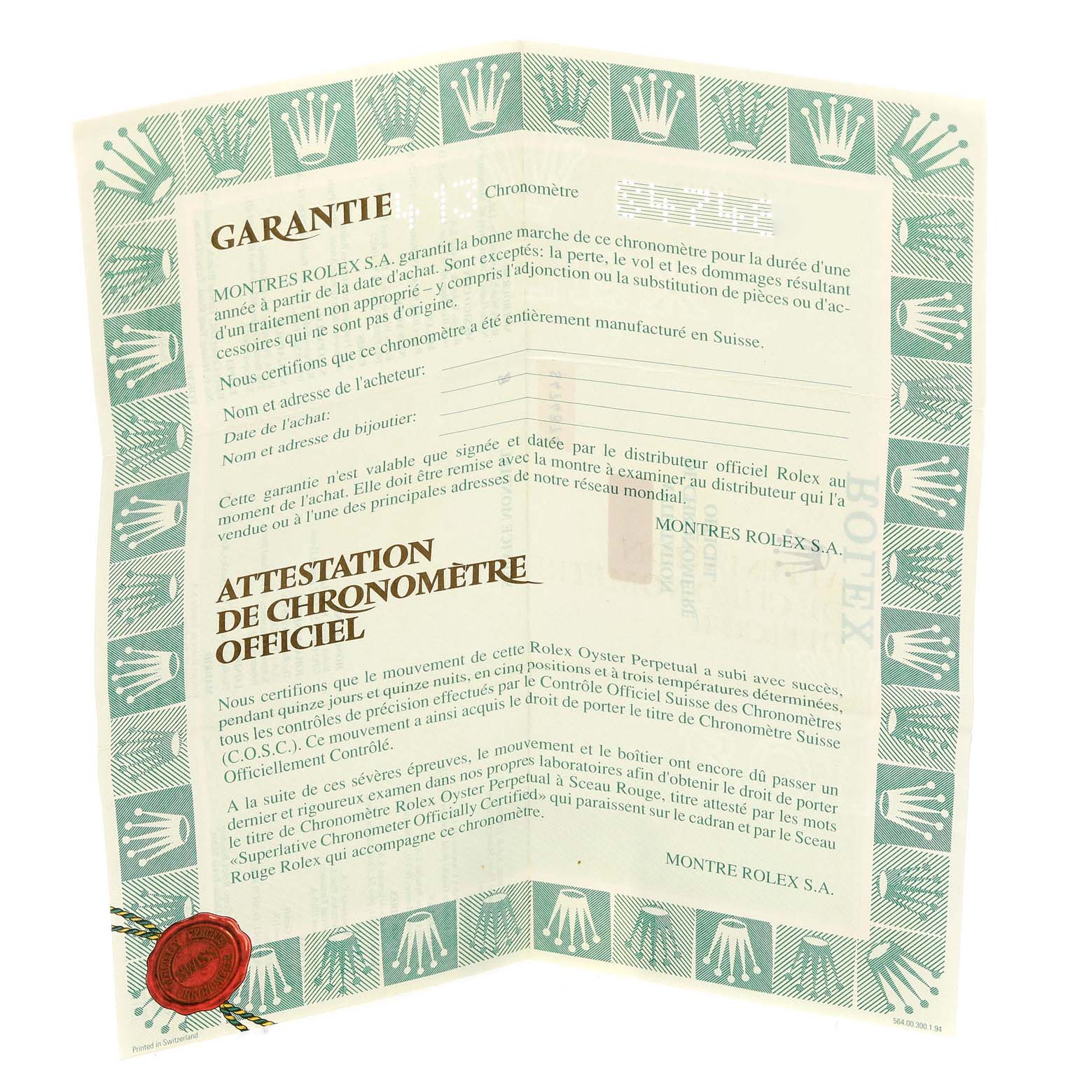 This image shows warranty and certification documents for the Datejust model by Rolex.