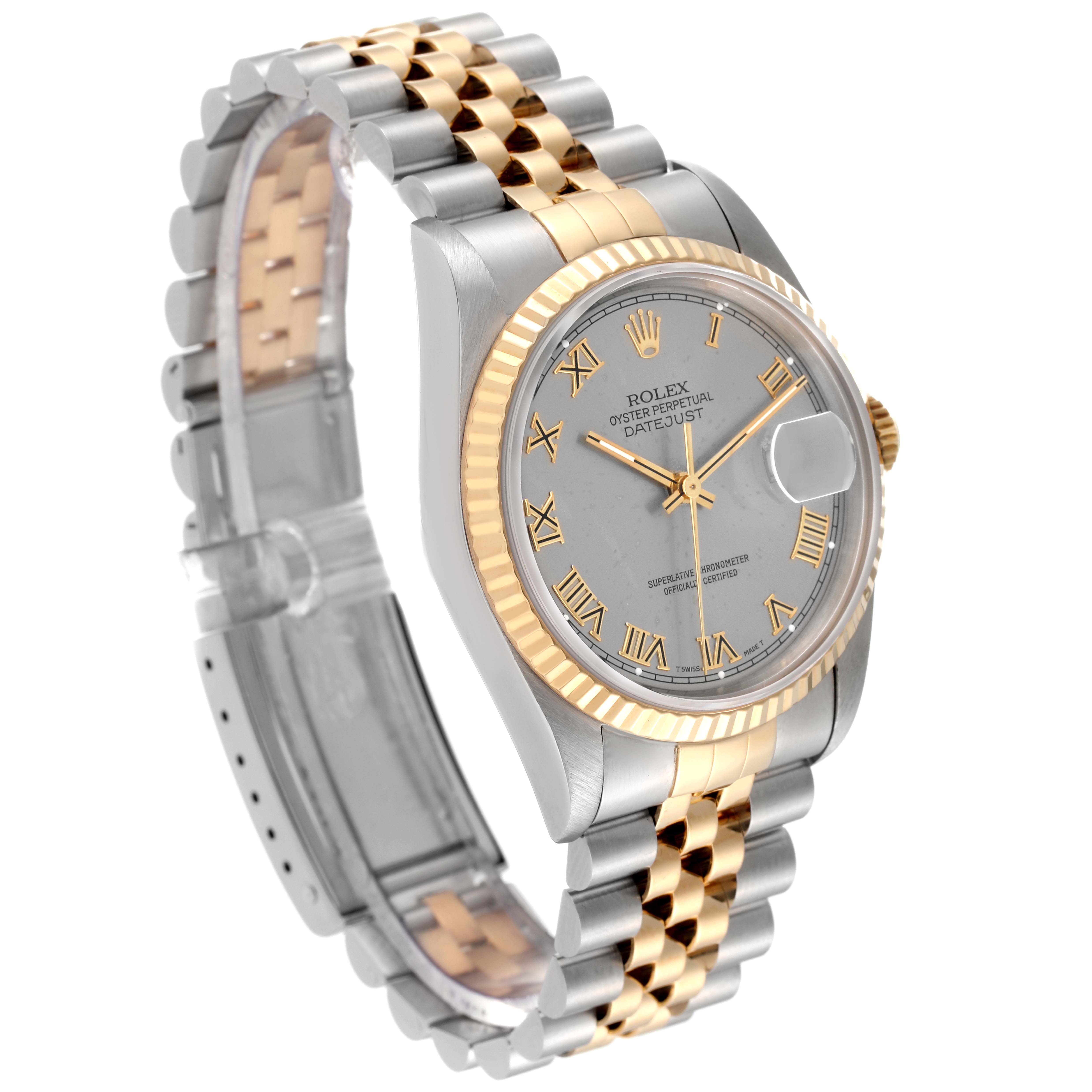 This Rolex Datejust 16233 Men's Steel and Gold (two tone) Grey Dial 16233 Men's Steel and Gold (two tone) Grey Dial watch is shown at an angled side view, highlighting the dial, bezel, crown, and bracelet.