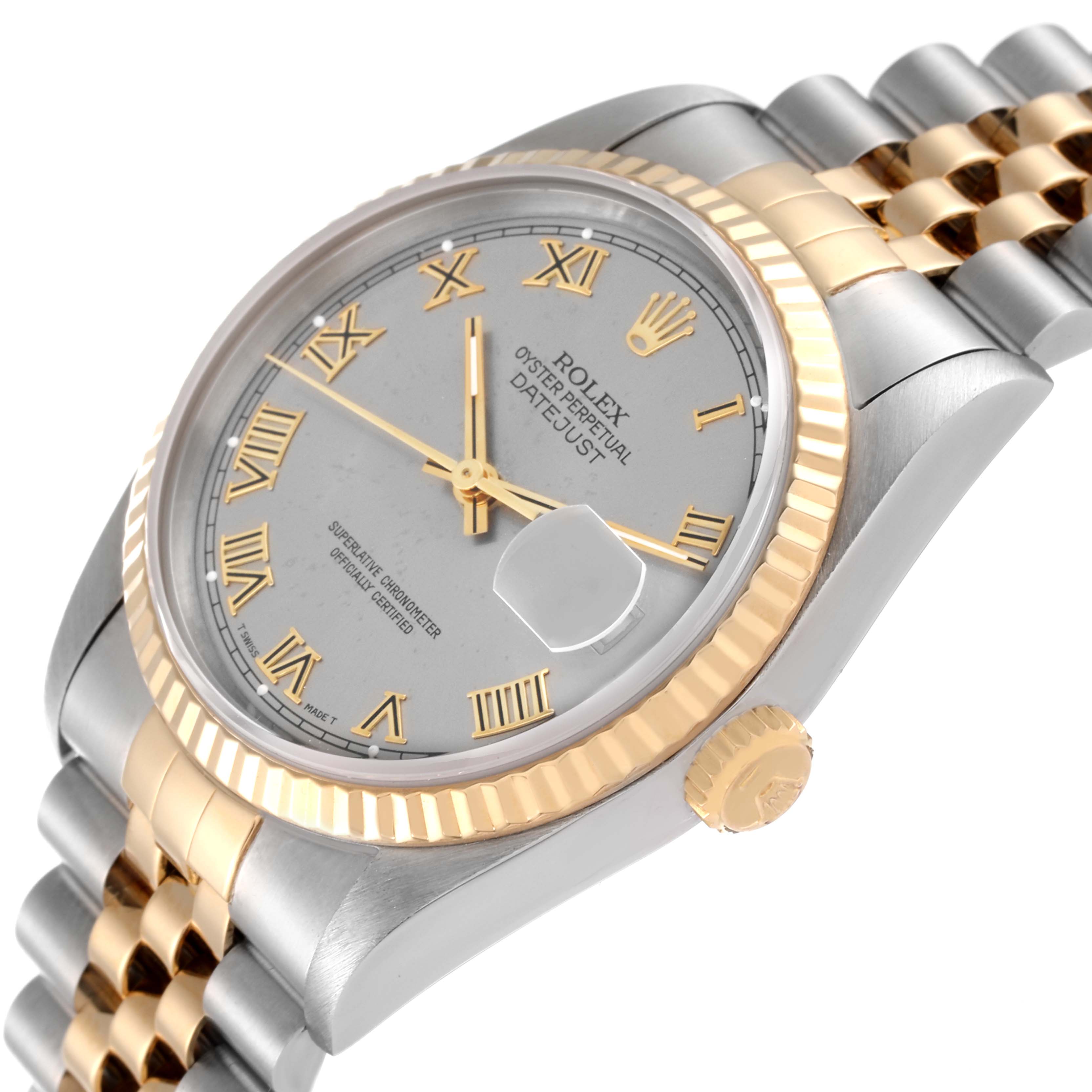 The Rolex Datejust 16233 Men's Steel and Gold (two tone) Grey Dial 16233 Men's Steel and Gold (two tone) Grey Dial watch is shown at an angled side view, displaying its two-tone bracelet, fluted bezel, and Roman numeral dial.